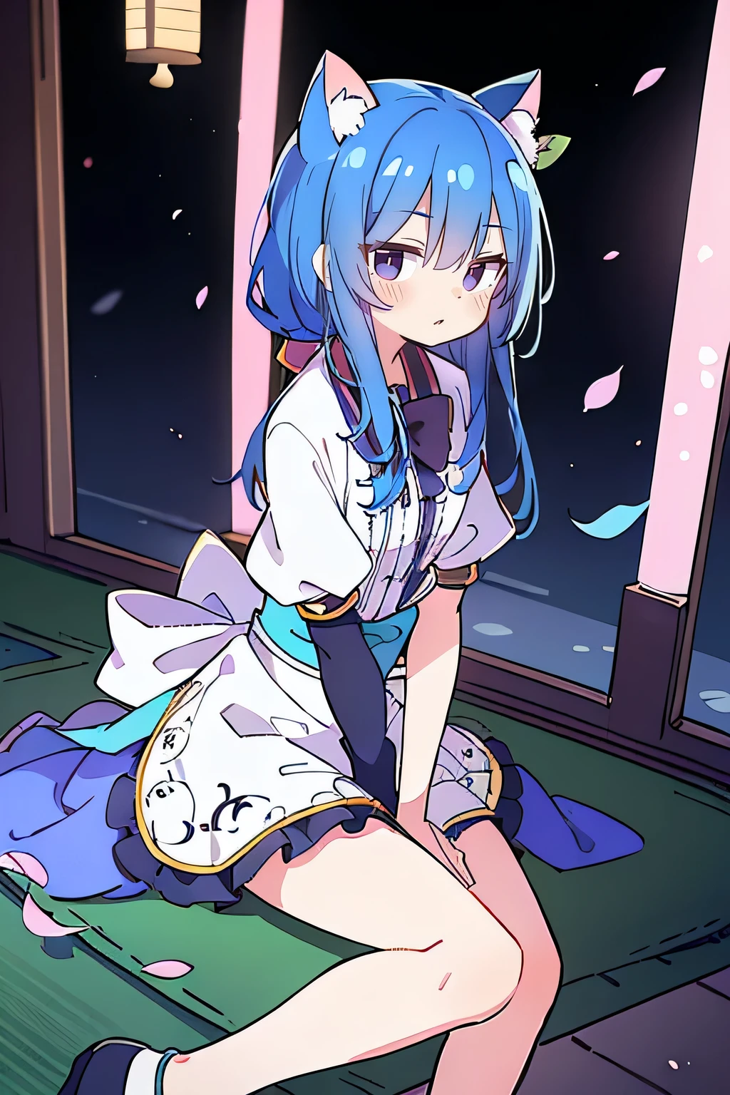 (masterpiece:1.2),ultra-detailed,realistic,expressive eyes,fair-skinned,perfectly shaped face,1girl,
Japanese cartoons,Gorgeous blue hair, flowing blue hair,floating clothes,cat ears,petals falling,beautiful Lola,Hina Angel,
hands on waist,gracefully sitting on the ground,legs crossed,gentle and serene background,cool and comfortable pavilion,night ,