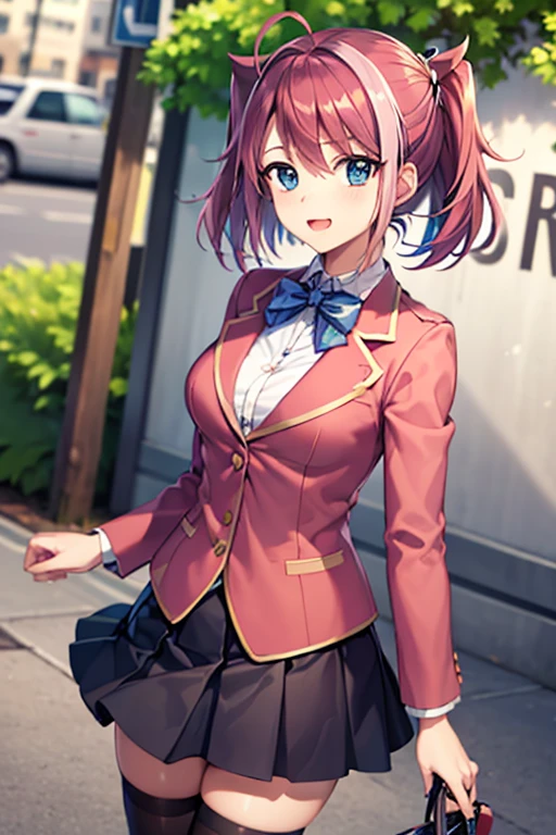 masterpiece, best quality, highres, 1girl, solo, aamazaki, (antenna hair:1.2), medium breasts, blue bowtie, pink jacket, blazer, long sleeves, blue skirt, pleated skirt, hy1, hair ornament, multicolored hair, necktie, skirt, sleeveless, , black thighhighs, jewelry, happy, cowboy shot, outdoors, forest