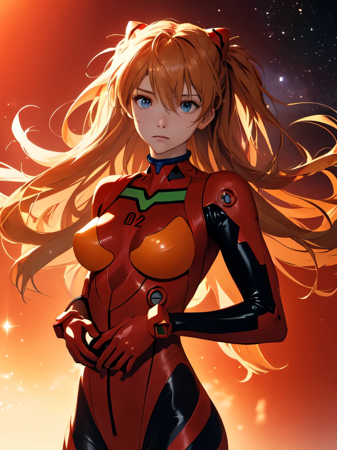 (masterpiece, highest quality), One girl, Beautiful Face, Beautiful body, souryuu_Asuka_Langley, Plug Suit, Bodysuits, Interface Headset, red Bodysuits, Hair between the eyes, Pilot Suit,((Show your whole body:1.5)), The background is space (Amazing details, Excellent lighting, Wide-angle), Cowboy Shot