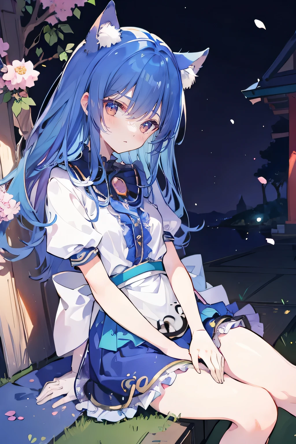 (masterpiece:1.2),ultra-detailed,realistic,expressive eyes,fair-skinned,perfectly shaped face,1girl,
Japanese cartoons,Gorgeous blue hair, flowing blue hair,floating clothes,cat ears,petals falling,beautiful Lola,Hina Angel,
hands on waist,gracefully sitting on the ground,legs crossed,gentle and serene background,cool and comfortable pavilion,night ,