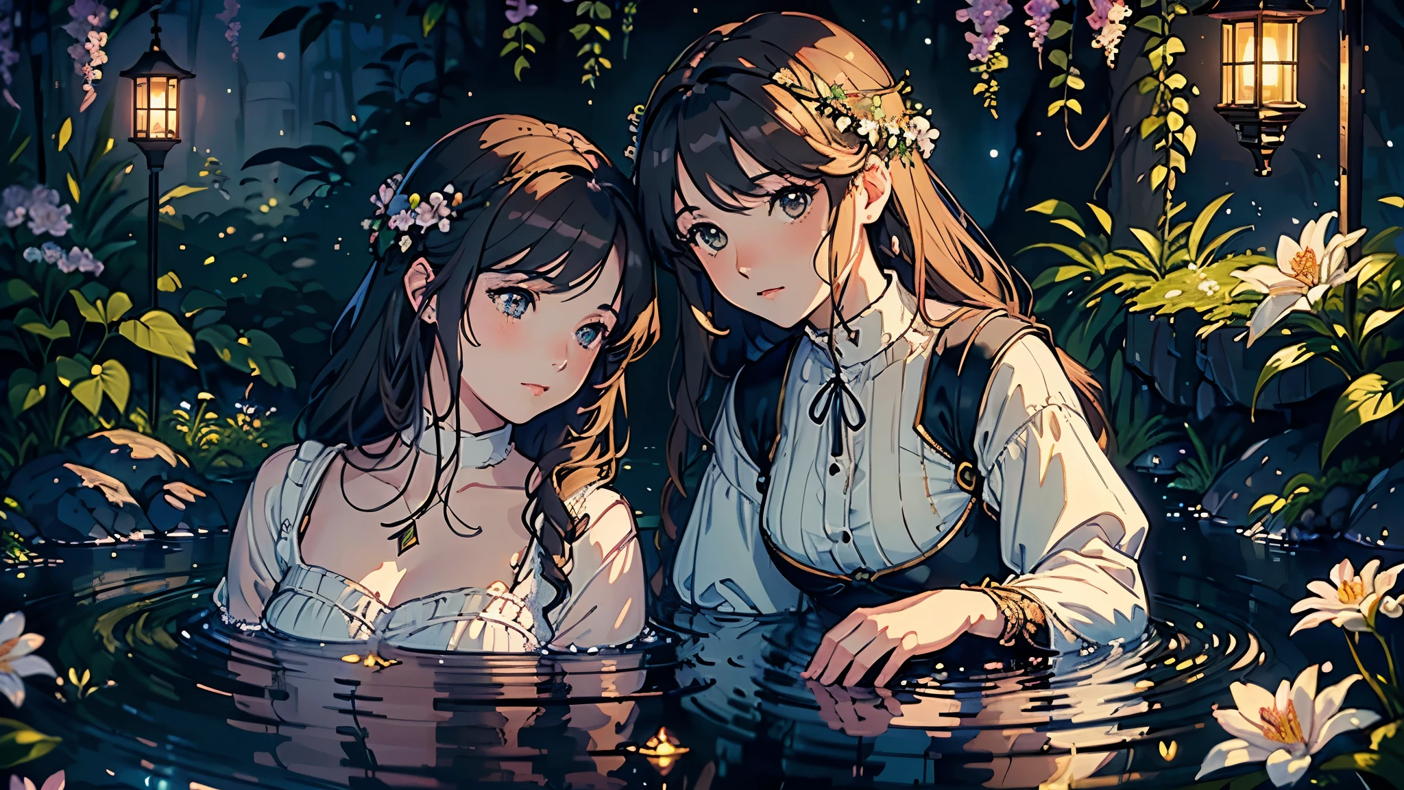 (highest quality, masterpiece, High resolution)、4K Anime Art、Soft Light、(Two women sitting on a small rock)、(Detailed depiction of a beautiful face)、 evening、Next to the female is a lantern、Fireflies are flying、stream、Lily flowers are blooming、(Pre-Raphaelite style)、(Edmund Leighton Style)、(sergeant style)、