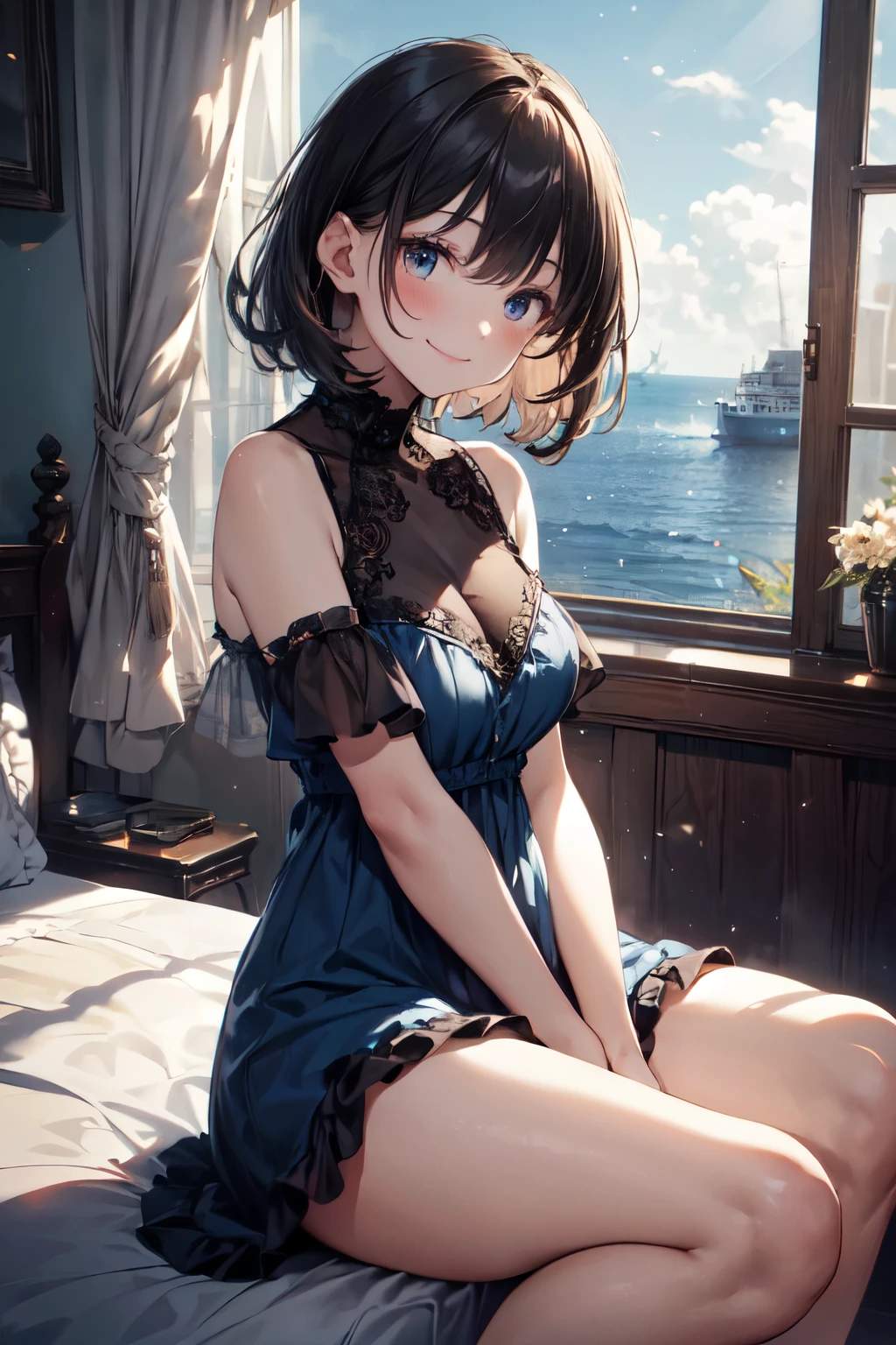 very cute and beautiful girl sitting near window, (floral blue summer dress with detailed frills),sleeveless,detailed lace,(spread legs,white panties), (highly detailed beautiful face),antique hotel bedroom with outside view,distant trees and ocean, (smile),blush,medium hair,black hair, (best quality,masterpiece:1.0),absurdres,highres,ultra-detailed,extremely detailed,32k,8k resolution, intricate details,cinematic scene,detailed background,solo,dynamic angle, natural lighting,light particles,beautiful detailed sky,realistic,