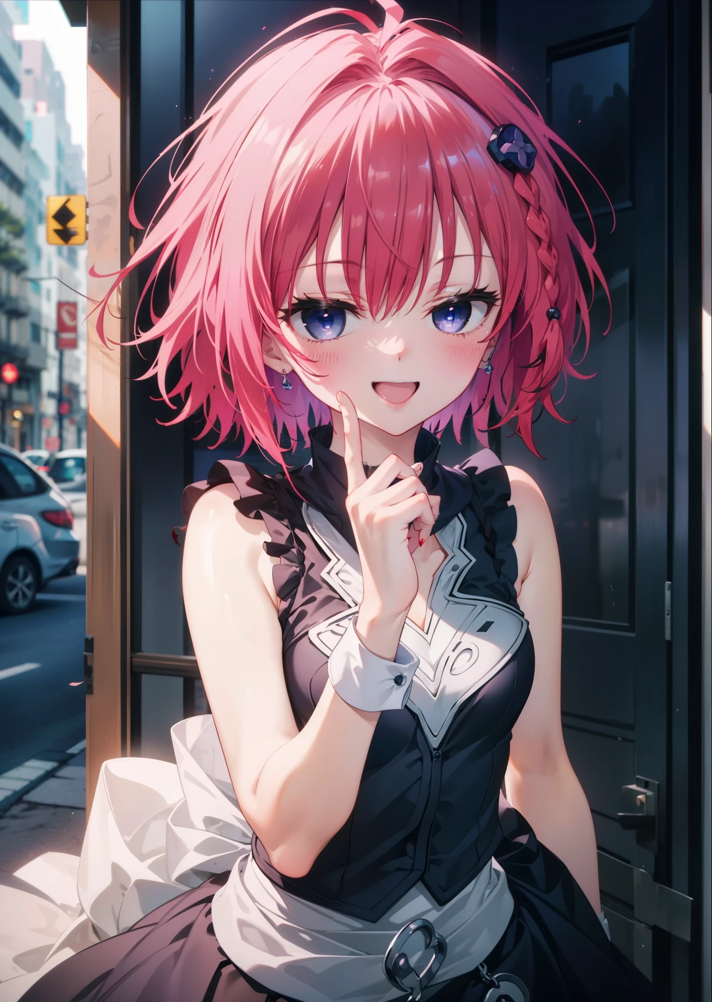masutepiece, Highest Quality, (Perfect face:1.1), (high detailing:1.1), (ultradetailed eyes), Dramatic, superfine illustration, Extremely detailed,1girl in, teenager,(pale skin), Happy, Laugh, Enjoy, pinkhair, ponytail,gloweyes,pink eyes,Ethereal eyes, with heart-shaped eyes,wink,open mouth,smile,Solo,Pouty lips,Cinematic lighting,cowboy shot,looking at viewer, tank top, mini skirt,tight skirt,outdoor,bluesky,sunny, hands on hips