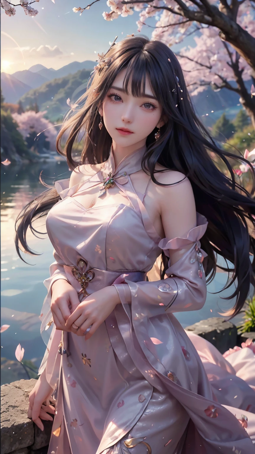 (Logo, Masterpiece, 8k, Tabletop, RAW Photo, Amazing, Top Quality, Photorealistic and Highly Detailed CG Integrated 8k Wallpaper, High Quality, Highly Detailed, Narrative Poetry, Particle Effects, Dynamic Effects, Character Boundary Depth, (cinematic lights, lens flares, ray tracing), fantasy, (single beautiful woman, dress, one piece, black hair, beautiful face, real face, beautiful eyes in detail, beautiful skin, long hair fluttering in the wind, long hair bouncing , long hair dancing in the wind), (cherry blossoms, cherry tree, cherry blossom petals dancing, cherry blossom blizzard, falling petals), wind blowing hair, hair flying, pink cherry blossoms, petals dancing, cherry blossom blizzard, wonderful scenery, sunrise , background sun, wind, gods, teeth, divine story, vast land