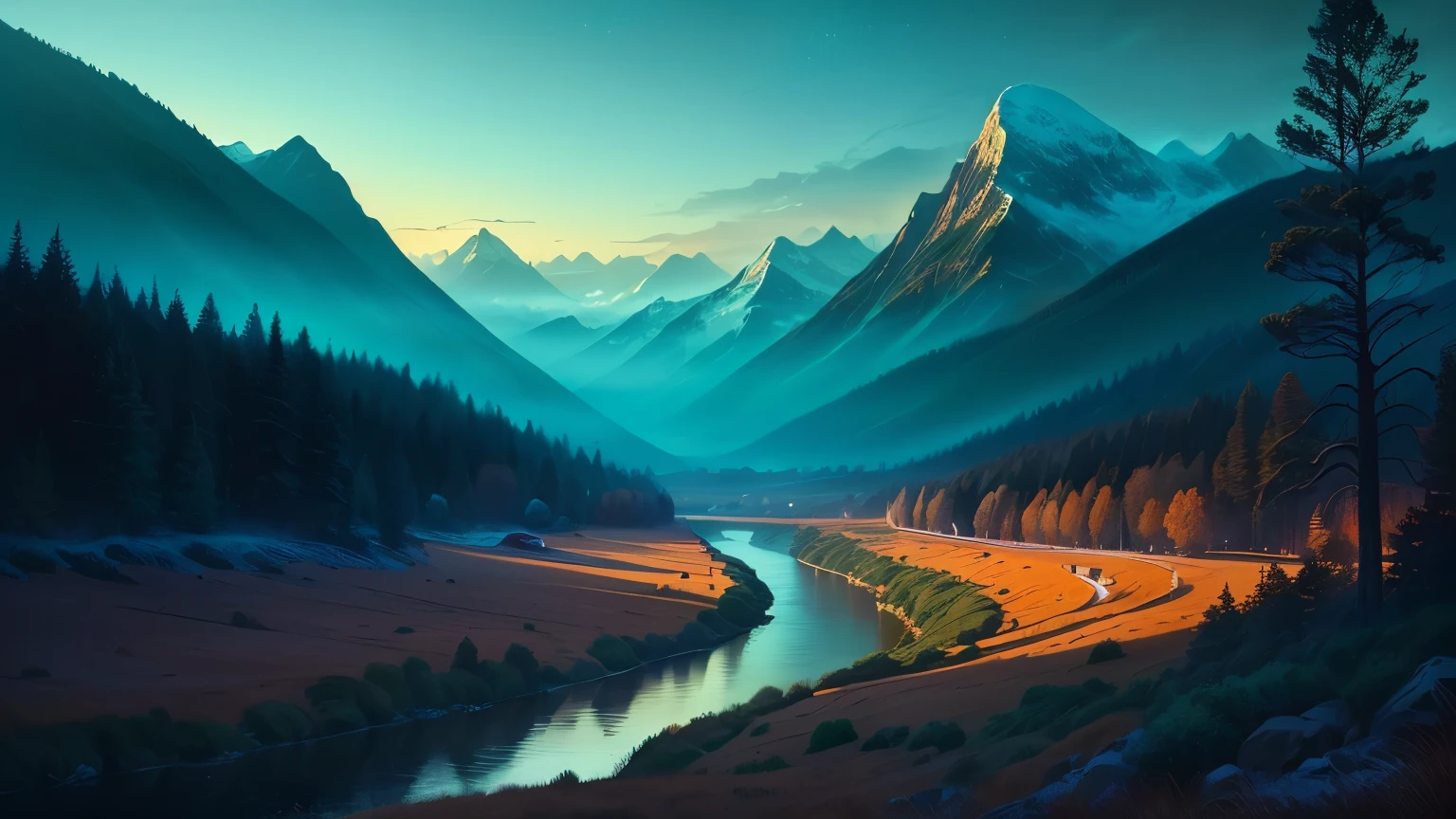 (masterpiece, best quality:1.4), cinematic light, fancy, high contrast, mountain, grass, tree, night. (captivating digital art), cinematic lighting, fancy, high contrast, eerie mountain landscape, lush grass, twisted trees, river. Flows