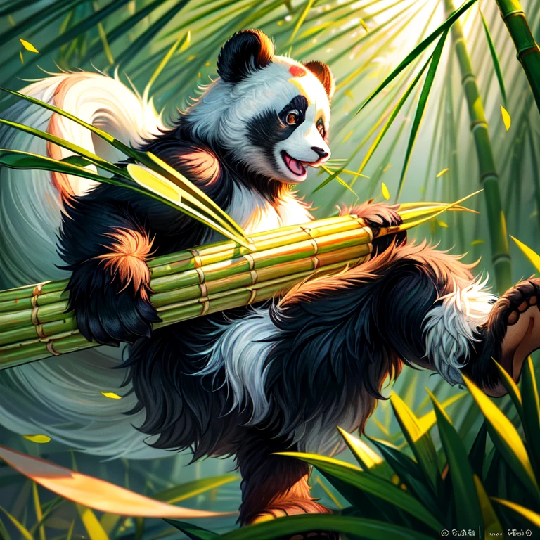 (best quality, high resolution: 2.5k), 1 panda, realistic style, ambitious detail, medium: digital painting, meticulously textured fur, sharp focus on facial features, expressive eyes, intricately painted nose and ear details, lush green bamboo background, kicking up bamboo stalks with its feet, catching a bamboo shoot in its paw, serene expression, branches and leaves in the foreground, sun filtered through the dense foliage, panda wearing a red ribbon on its forehead, showing teeth in a slight smile, eating a bamboo shoot with its mouth wide open.