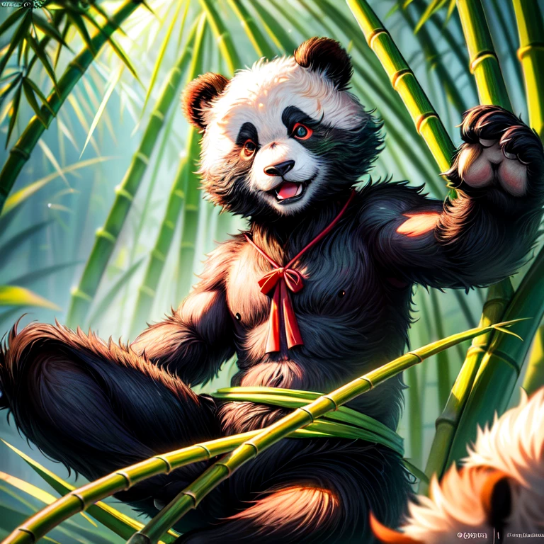 (best quality, high resolution: 2.5k), 1 panda, realistic style, ambitious detail, medium: digital painting, meticulously textured fur, sharp focus on facial features, expressive eyes, intricately painted nose and ear details, lush green bamboo background, kicking up bamboo stalks with its feet, catching a bamboo shoot in its paw, serene expression, branches and leaves in the foreground, sun filtered through the dense foliage, panda wearing a red ribbon on its forehead, showing teeth in a slight smile, eating a bamboo shoot with its mouth wide open.