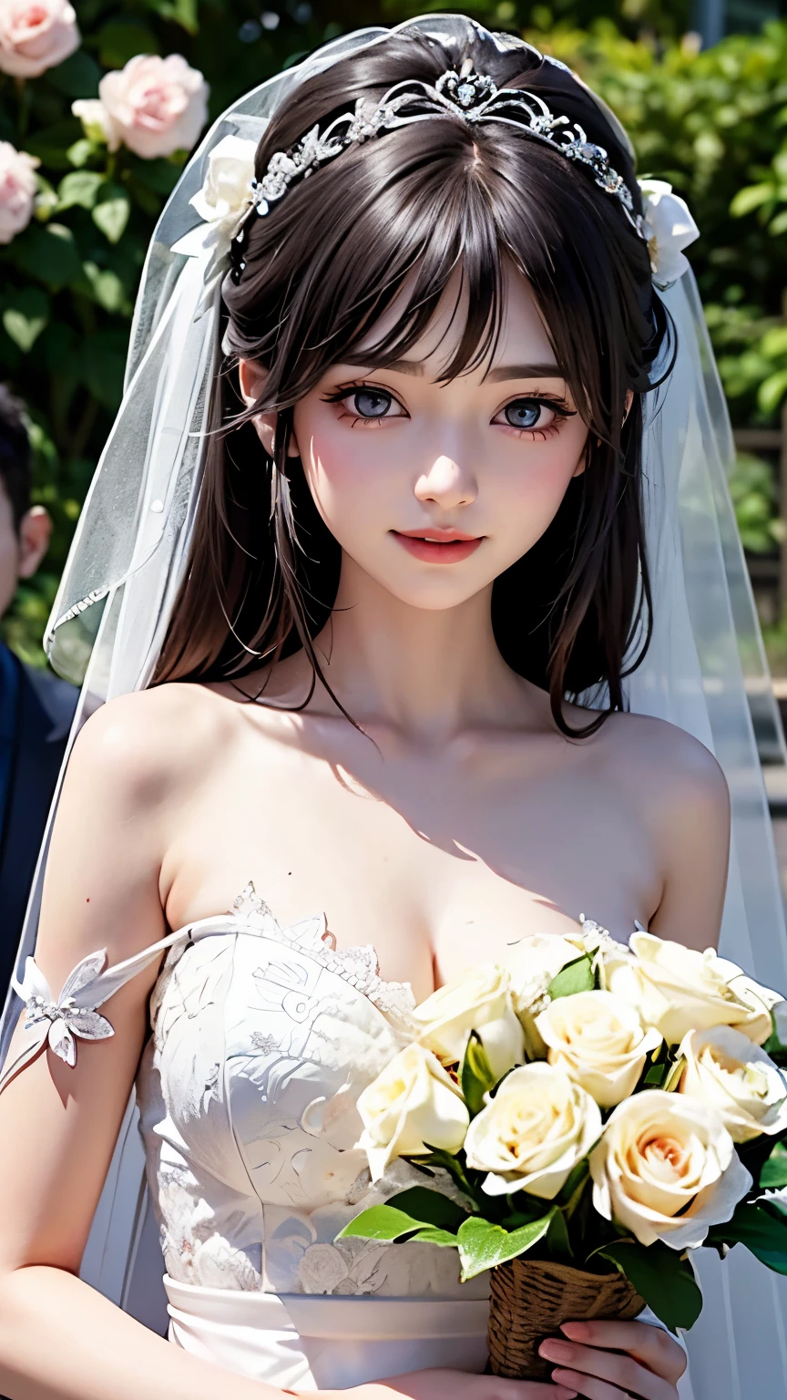 （Very delicate and beautiful：1.2）Supermodel,,Big Breasts,Beautiful breasts,Tight waist、Small Ass、super high quality，8k，One Girl，bride，White lace dress，Bouquet of roses in hand，And the sun was shining bright，And the sun was shining bright，Vibrant colors、highest quality, High resolution, 8k,, Sharp details, White floral dress, 21 years old、smile、Slim figure、Black Hair、bangs、Random Hairstyles、Couple, 1 male、1 female, Highly detailed face, ((長い暗い黒のbangsと紫色の目をした女性)), 短い暗褐色の髪とMan with dark grey eyes性, Face to face, Victorian era, (A woman is wearing a wedding dress and holding flowers), (スーツを着たsmileの男性), Dim Light, The boy is tall, (marry), (Woman with deep purple eyes), (Man with dark grey eyes), At a wedding、Garden Wedding