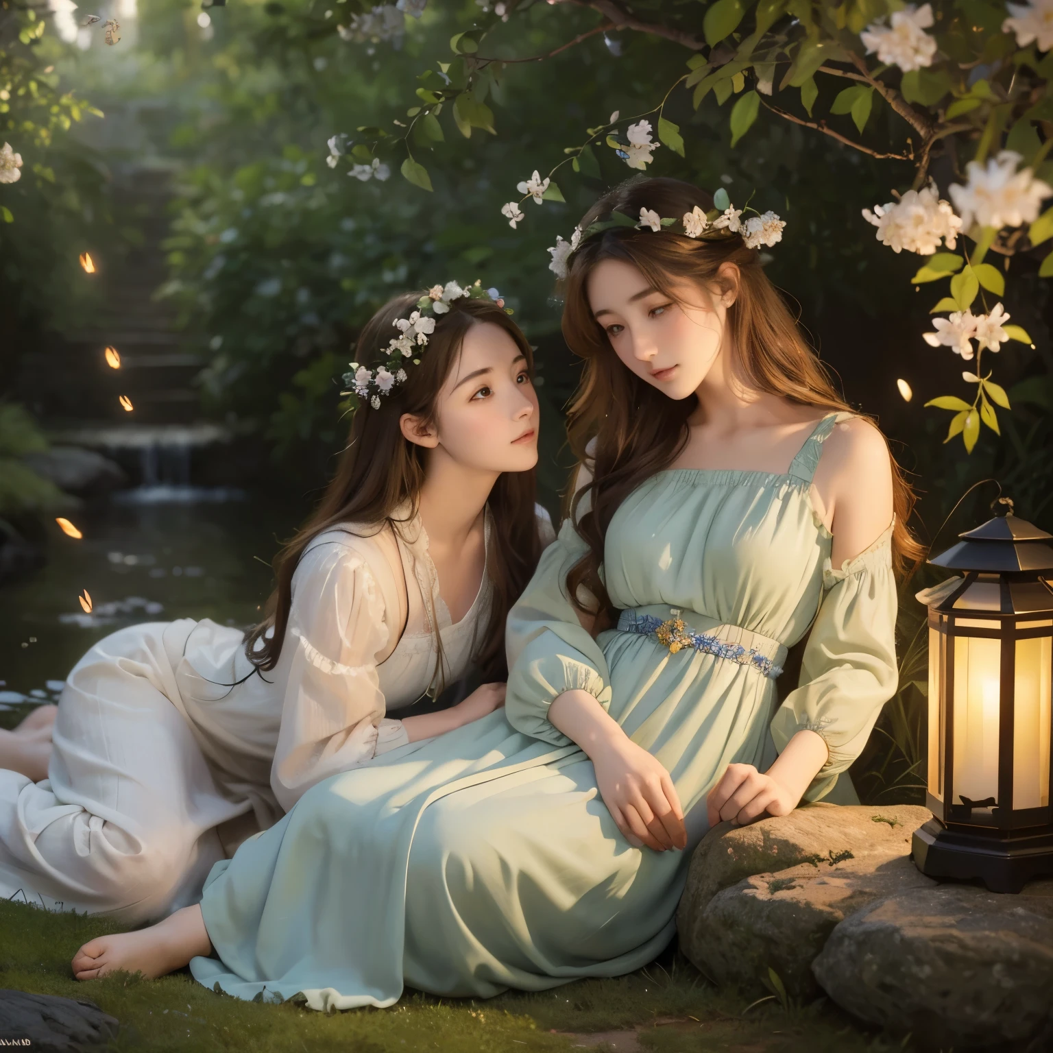 (highest quality, masterpiece, High resolution)、4K Anime Art、Soft Light、(Two women sitting on a small rock)、(Detailed depiction of a beautiful face)、 evening、Next to the female is a lantern、Fireflies are flying、Lily flowers are blooming、(Pre-Raphaelite style)、(Edmund Leighton Style)、(sergeant style)、