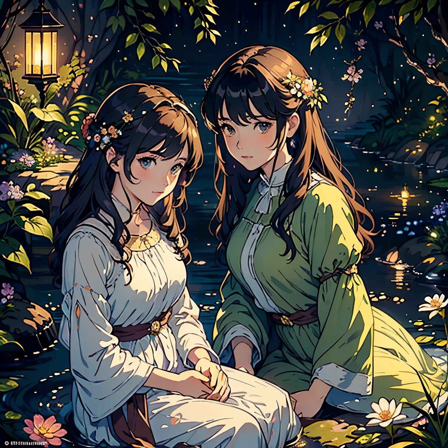 (highest quality, masterpiece, High resolution)、4K Anime Art、Soft Light、(Two women sitting on a small rock)、(Detailed depiction of a beautiful face)、 evening、Next to the female is a lantern、Fireflies are flying、Lily flowers are blooming、(Pre-Raphaelite style)、(Edmund Leighton Style)、(sergeant style)、