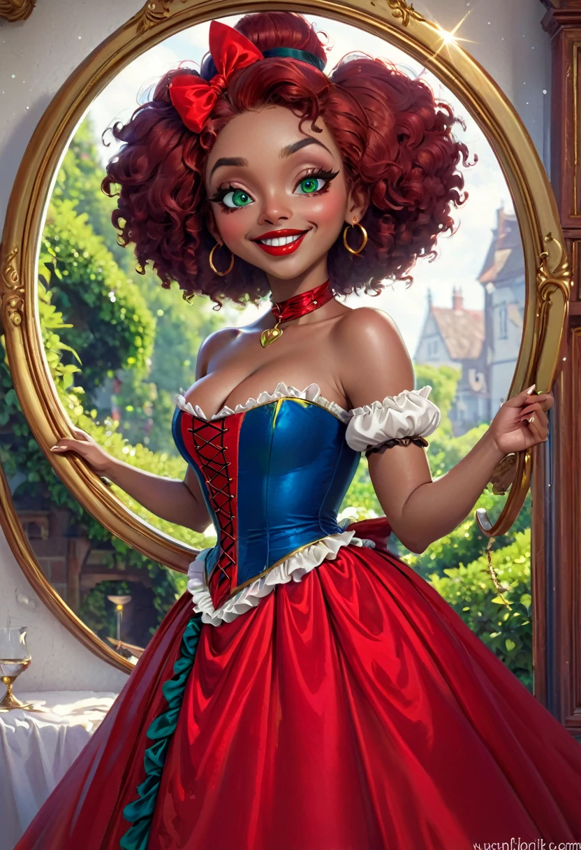 A Beautiful Dickensian High Society Lady Goblin With Dark Red Hair, Green Skin. Large Deep Blue Eyes, Beautiful Thick Eyebrows . Round Face, Kinky Afro Hair. Hair. Cute Nose, Full Heart Shaped Red Lips. Dazzling Smile. Wide Hips. Black And Red Dress. Hoop Skirt. Wholesome Look, Exudes An Innocent Grace, FIT, . Hourglass Figure, . Pencil THIN WAIST. WHIMSY. Official Art, Award Winning Digital Painting, Digital Illustration, Extreme Detail, 4k, Ultra Hd, Rococo, Polished, Intricate, Realistic Fantasy Art, Sharp Focus, Concept Art, Art By Wlop, Artgerm, (2d Vector Illustration)
