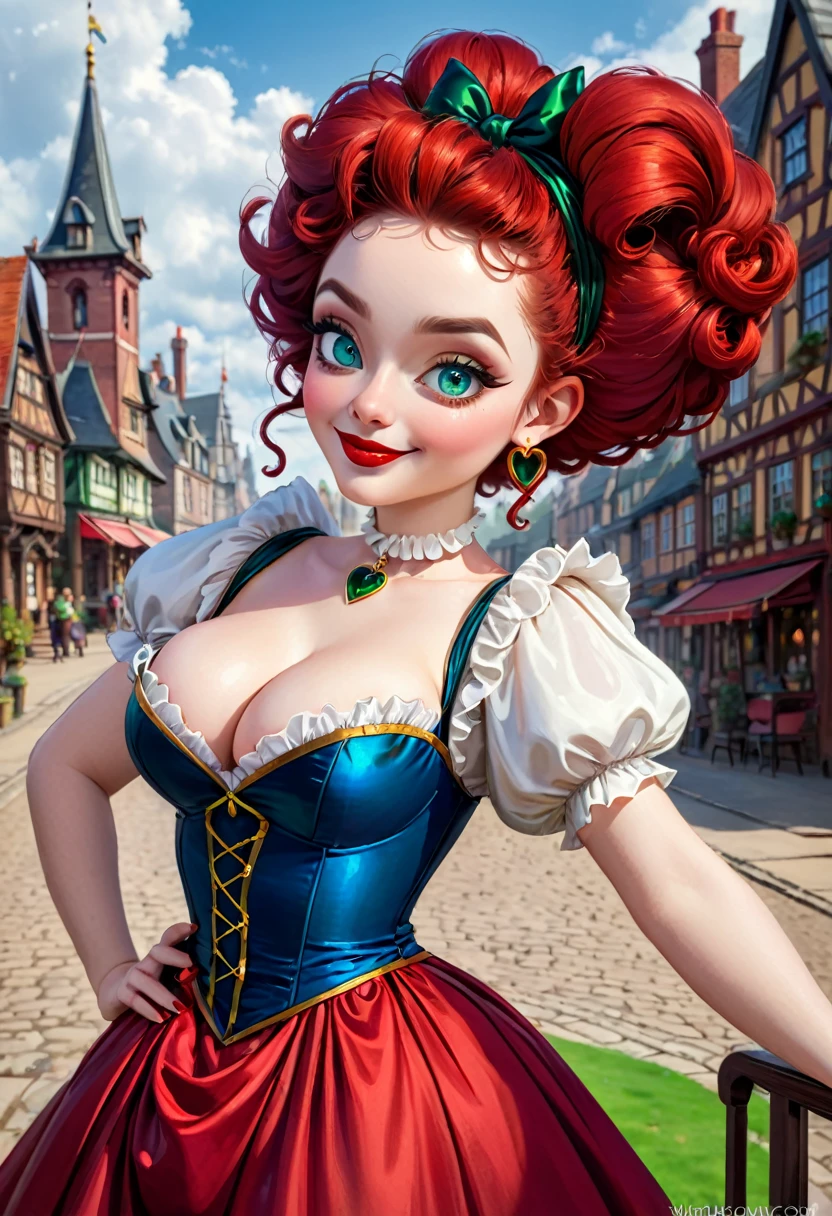 A Beautiful Dickensian High Society Lady Goblin With Dark Red Hair, Green Skin. Large Deep Blue Eyes, Beautiful Thick Eyebrows . Round Face, Kinky Afro Hair. Hair. Cute Nose, Full Heart Shaped Red Lips. Dazzling Smile. Wide Hips. Black And Red Dress. Hoop Skirt. Wholesome Look, Exudes An Innocent Grace, FIT, . Hourglass Figure, . Pencil THIN WAIST. WHIMSY. Official Art, Award Winning Digital Painting, Digital Illustration, Extreme Detail, 4k, Ultra Hd, Rococo, Polished, Intricate, Realistic Fantasy Art, Sharp Focus, Concept Art, Art By Wlop, Artgerm, (2d Vector Illustration)
