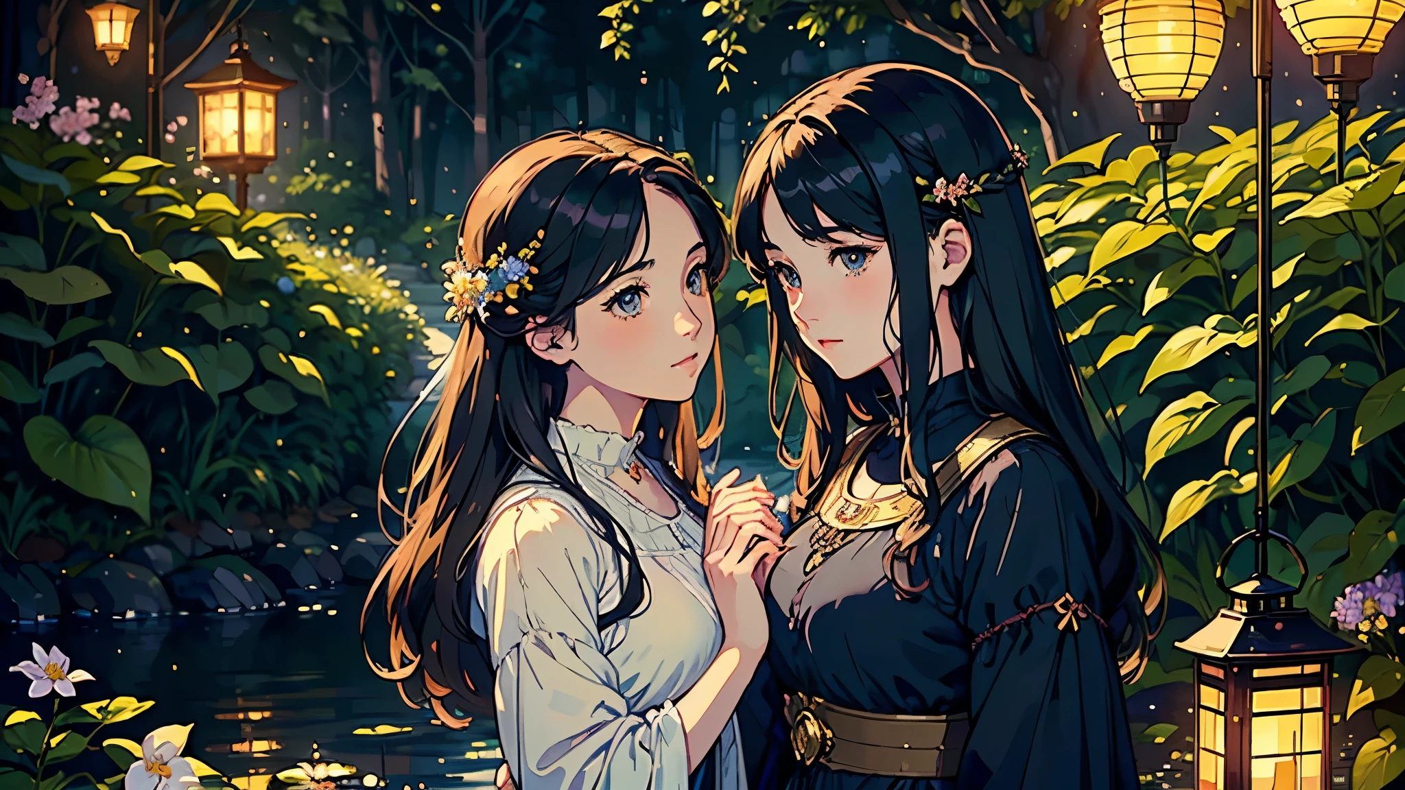 (highest quality, masterpiece, High resolution)、4K Anime Art、Soft Light、(Two women embracing in the forest、20-year-old)、(Detailed depiction of a beautiful face)、Put your hair up、Medieval European Dress、 evening、A woman is holding a lantern、Fireflies are flying、Lily flowers are blooming、In the woods of England、(Pre-Raphaelite style)、(Edmund Leighton Style)、(sergeant style)、