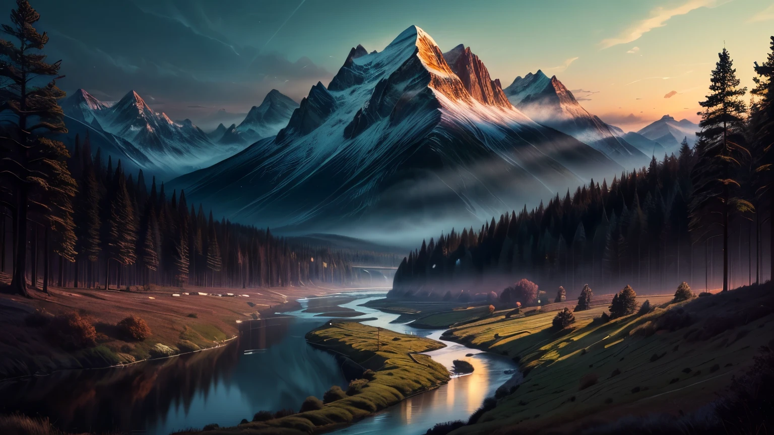 (masterpiece, best quality:1.4), cinematic light, fancy, high contrast, mountain, grass, tree, night. (captivating digital art), cinematic lighting, fancy, high contrast, eerie mountain landscape, lush grass, twisted trees, river. Flows