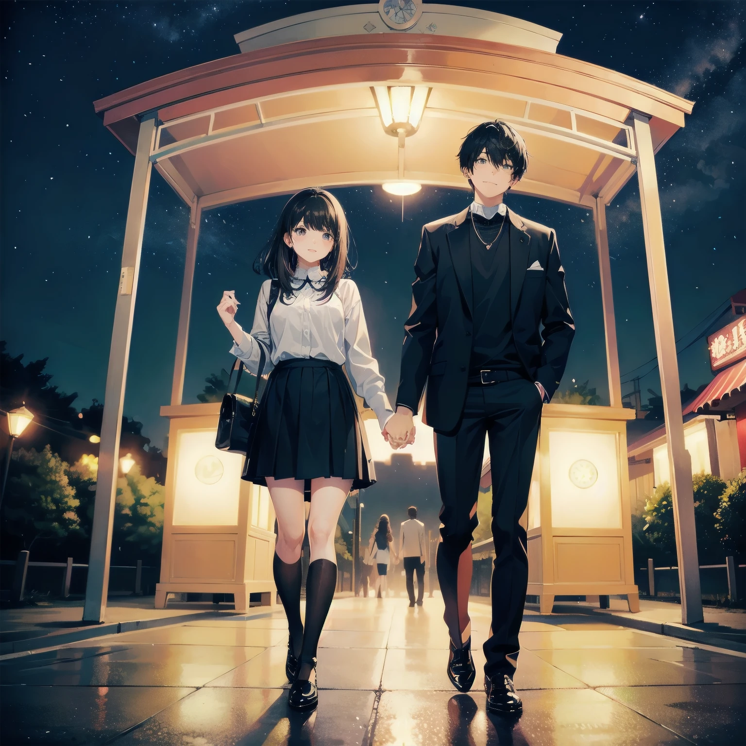 、Male and female couple、Holding hands、Date at the amusement park、The man is expressionless、Woman smiles、The girl is wearing a high blazer、Skirt 10cm above the knee、The man is wearing black plain clothes、The color of the shoes is black、whole body、Detailed facial expressions、Anime Style、comics, Bright starry sky. Romantic bus stop, Pure
