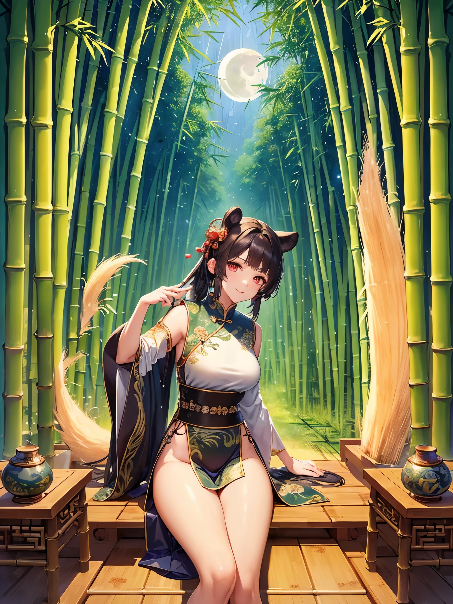 ((highest quality)),(Ultra-high resolution),(Very detailed),(Detailed Description),((The best CG)),(A masterpiece),Ultra-precise art,amazing drawing art,(Chinese fantasy art with intricate details:1.5), (Beautifully patterned Hu clothing with intricate and detailed depictions:1.5),(Beautiful and well-proportioned face:1.4),Loin cloth:1.3,smile:1.4, ((bamboo forest:1.5)), (Moon after the Rain:1.4), (Night dew:1.3,)