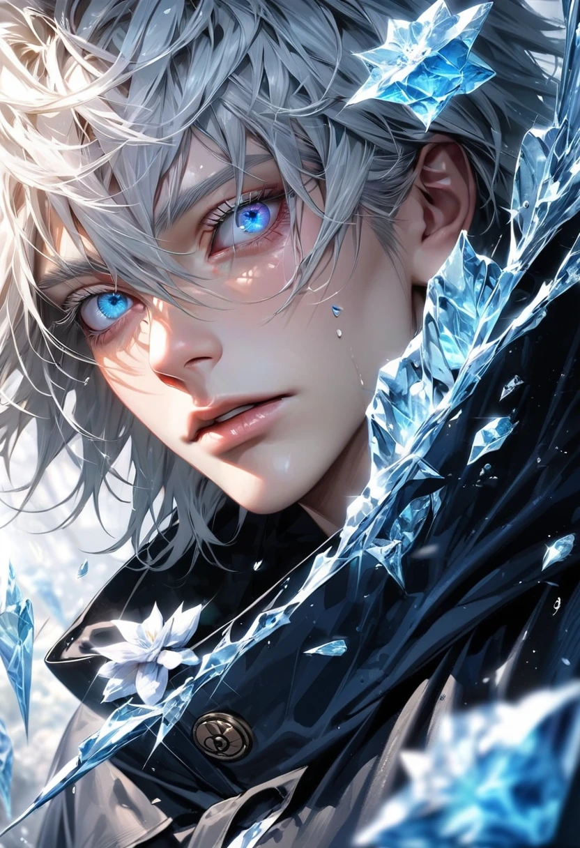 absurdres, highres, ultra detailed, HDR, master piece, best quality, extremely detailed face and eyes, perfect face, realistic face, beautiful eyes, Gojo Satoru, white hair with bangs, hair between the eyes, expressive blue eyes, white eyelashes, Jujutsu Kaisen, solo, man, handsome, ice butterflies, ice trees, ice flowers, ice petals