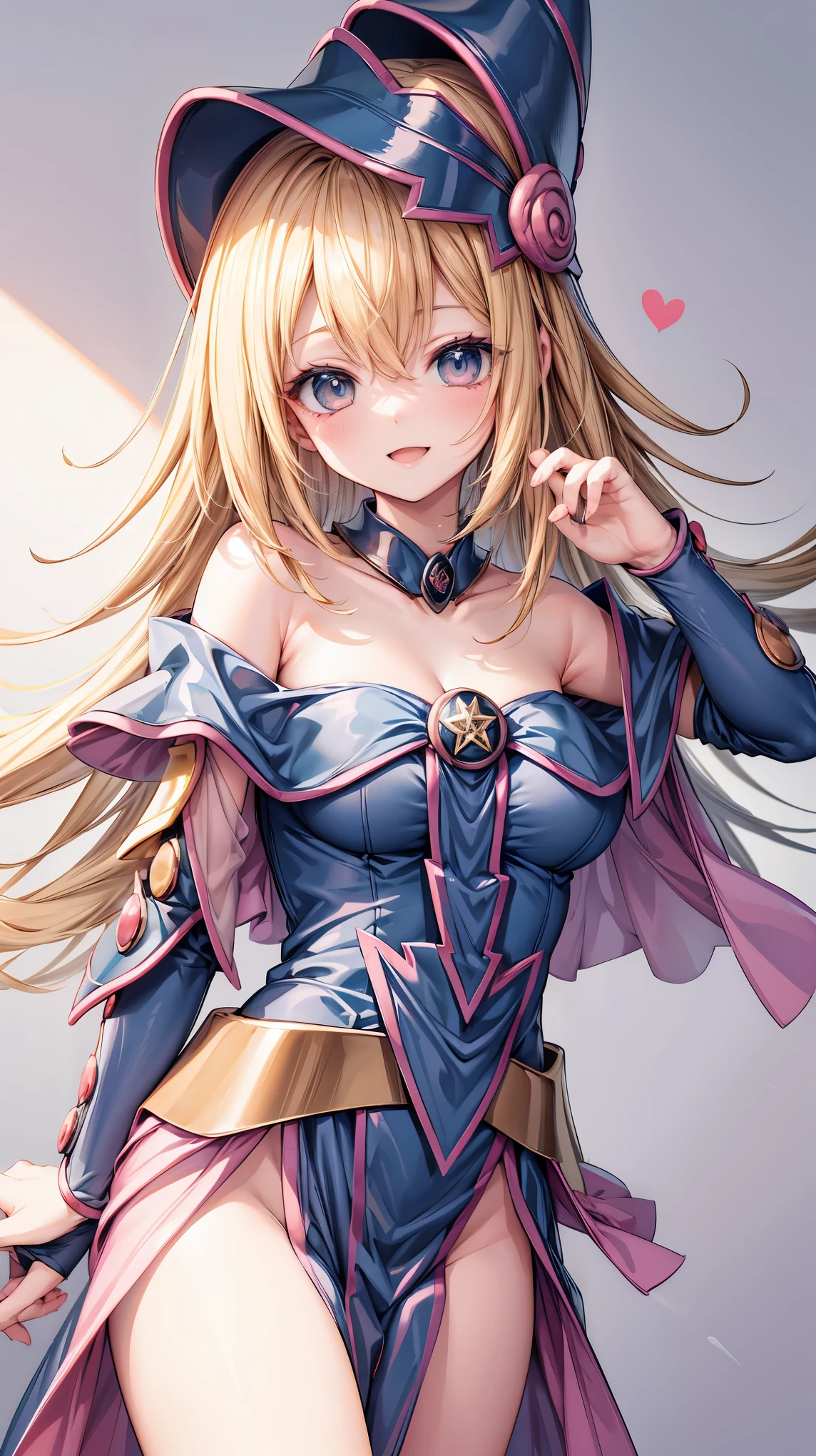 Very detailed、highest quality、Best image quality、masterpiece、8k、Anime Face、A kind smile、Open your mouth、Blonde Hair Color、Black Magician Girl