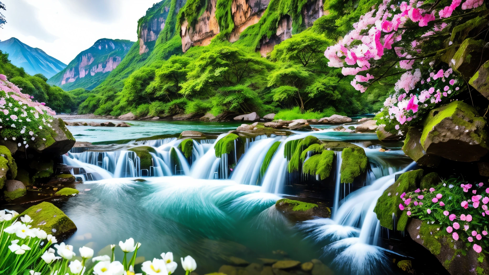 a close up of a waterfall with a bunch of flowers on it, flowers and waterfalls, peaceful beautiful waterfall, beautiful stunning waterfall, waterfalls and lakes, beautiful waterfall, stunning waterfall, floating waterfalls, beautiful nature, lakes and waterfalls, pink waterfalls, waterfall backdrop, with waterfalls and river, cascading, waterfalls, cascading waterfalls, beautiful wallpaper, stunning scene