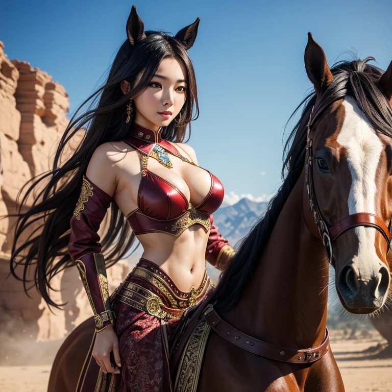 horse,female,sexy figure,หัวเป็นhorseสีขาว,Put on an adventurer's outfit,holding a compass and map,in the desert city,Fantasy,Masterpiece,Highly detailed
