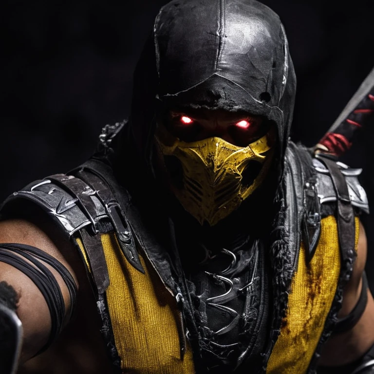 UHD, 4k, ultra detailed, cinematic, a photograph of Scorpion in Mortal Kombat style, fictional universe consisting of numerous realms, a creepy hoodie man with a bloody face and a bloody hand and bloody teeth holding a bloody skull in the dark,solo,1boy,holding,weapon,male focus,sword,signature,holding weapon,armor,blood,holding sword,helmet,bl background , Live-action, white sclera eyes, muscular, fitness, fighters, Action-adventure, brutal and gruesome, Mortal Kombat style, mk style, epic, beautiful lighting, inpsiring