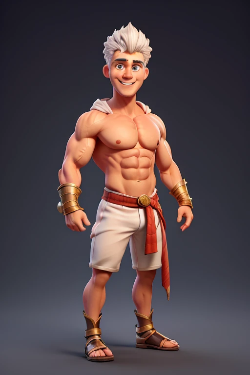 Adult bodybuilder character, Roman hero, with big glowing eyes smiling. platinum hair, white clothes of a Roman king.