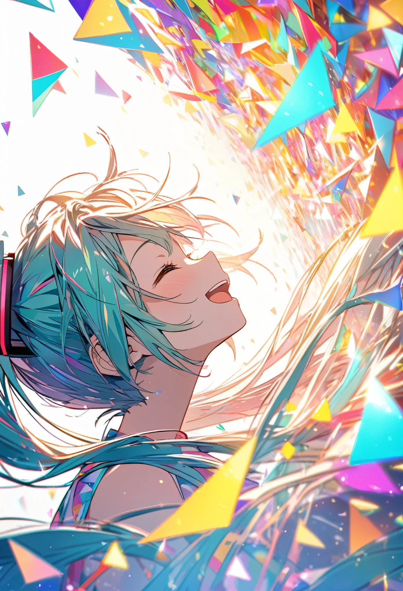 Hatsune_miku, opened mouth, closed eyes, Side view of the face, looking diagonally upward, singing, smiling, colorful dress, surrounded by colorful triangular particles, simple background, white background, ultra detailed, 8k
