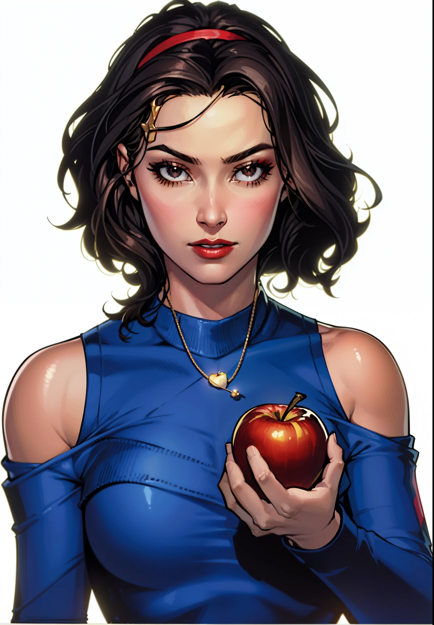  masterpiece, best quality, 1girl, solo, brown eyes, red headband, apple in hand, red lipstick 