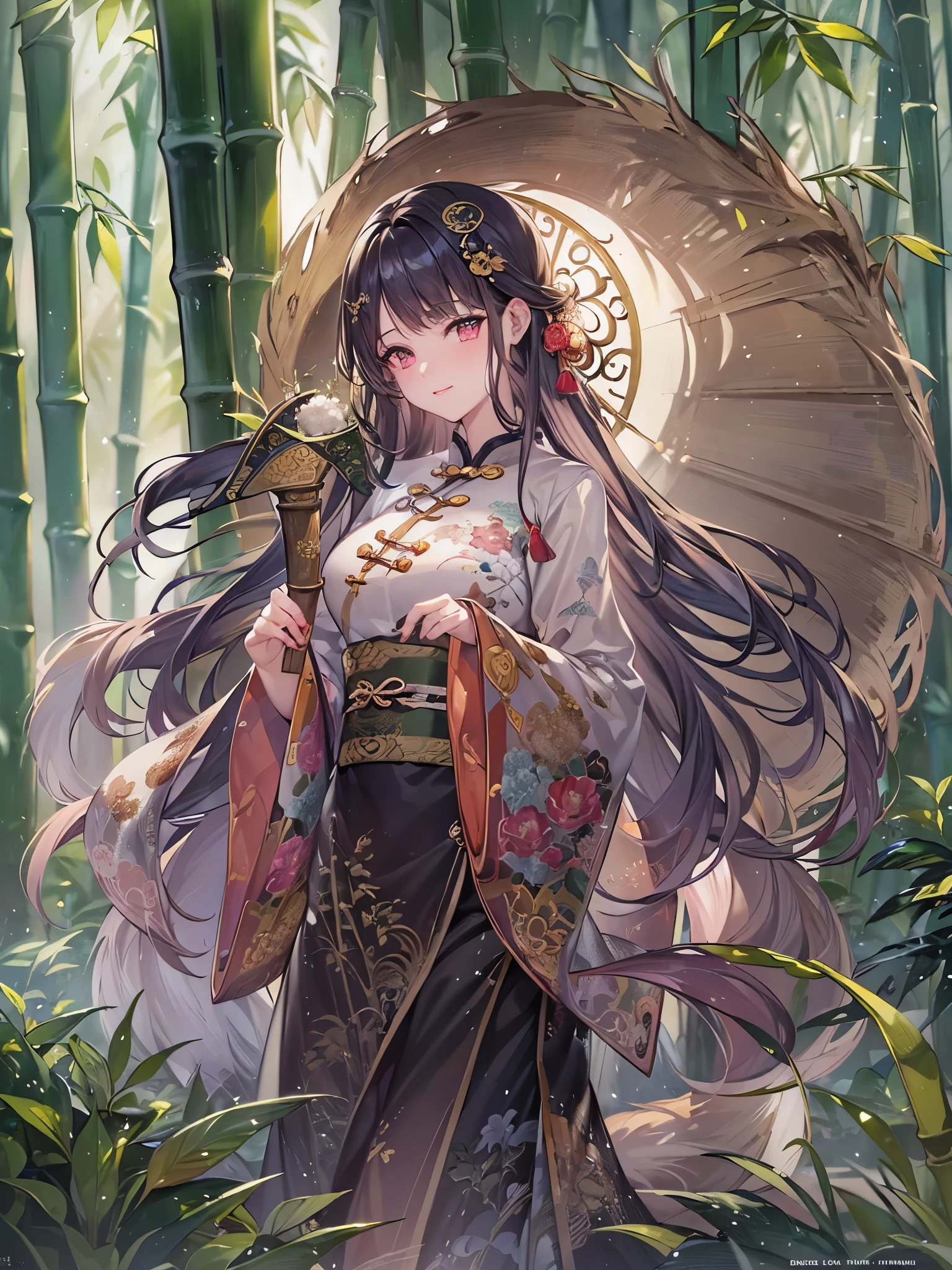((highest quality)),(Ultra-high resolution),(Very detailed),(Detailed Description),((The best CG)),(A masterpiece),Ultra-precise art,amazing drawing art,(Chinese fantasy art with intricate details:1.5), (Beautifully patterned Hu clothing with intricate and detailed depictions:1.5),(Beautiful and well-proportioned face:1.4),Loin cloth:1.3,smile:1.4, ((bamboo forest:1.5)), (Moon after the Rain:1.4), (Night dew:1.3,)