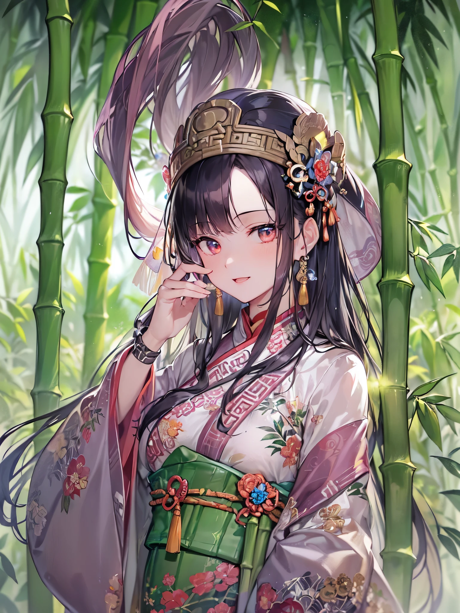 ((highest quality)),(Ultra-high resolution),(Very detailed),(Detailed Description),((The best CG)),(A masterpiece),Ultra-precise art,amazing drawing art,(Chinese fantasy art with intricate details:1.5), (Beautifully patterned Hu clothing with intricate and detailed depictions:1.5),(Beautiful and well-proportioned face:1.4),Loin cloth:1.3,smile:1.4, ((bamboo forest:1.5)), (Moon after the Rain:1.4), (Night dew:1.3,)