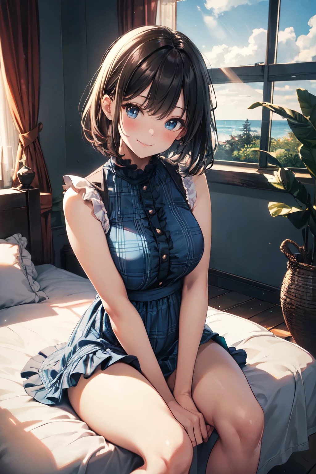 very cute and beautiful girl standing near window,(blue plaid summer dress with detailed frills),sleeveless,detailed lace,(skirt lift,white panties), (highly detailed beautiful face),beach,wooden floating cottage, cowboy shot,(smile),blush,looking at viewer,medium hair,black hair,updo hair, (best quality,masterpiece:1.2),absurdres,highres,ultra-detailed,extremely detailed,32k,8k resolution, intricate details,cinematic scene,detailed background,solo,dynamic angle, natural lighting,light particles,beautiful detailed sky,perfect hands,