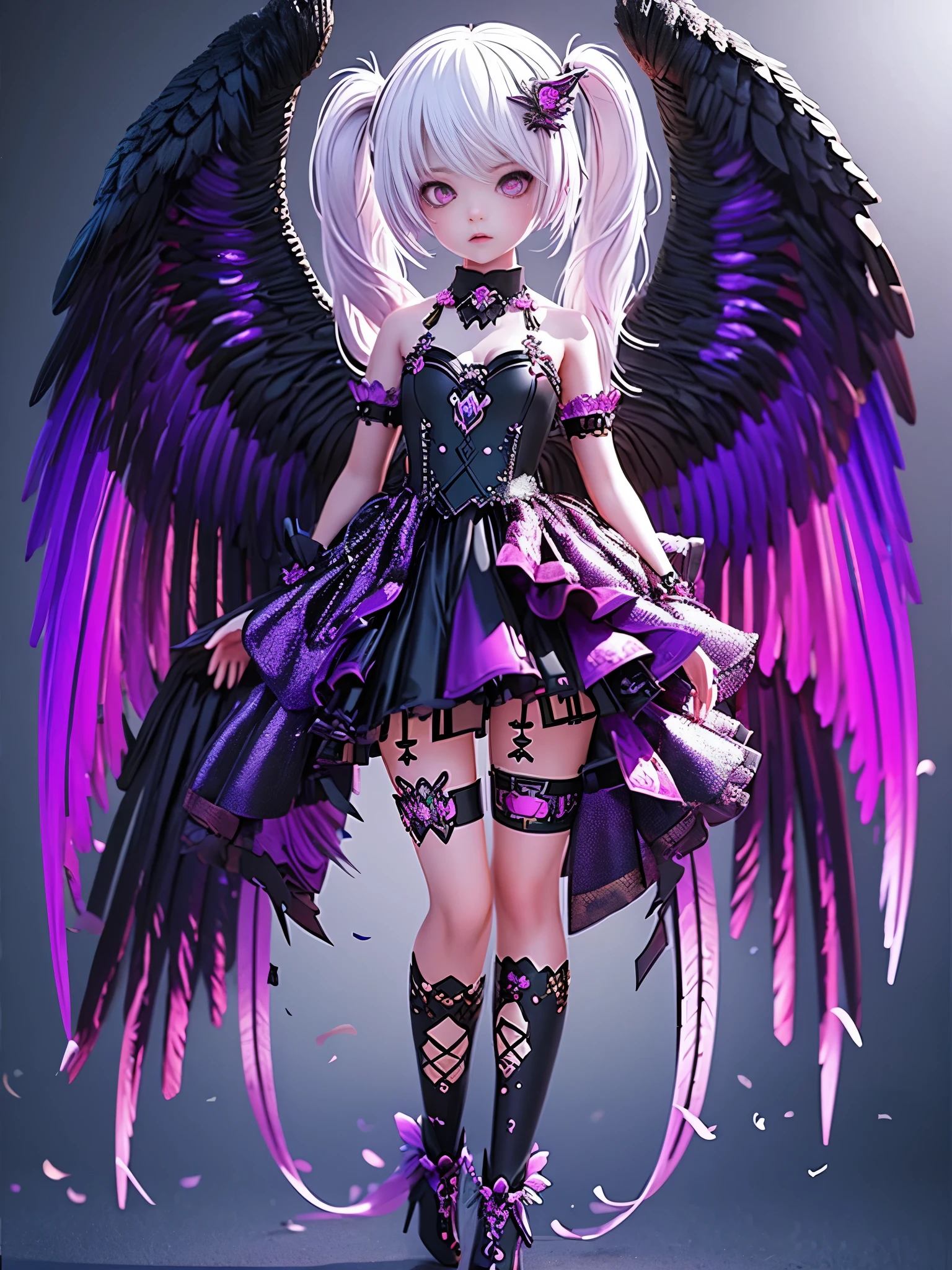 (masterpiece, best quality:1.2), 1 Girl, Solitary, White hair, Black Wings, wearing purple clothes, Decorated with pink hardware, anime style character, Full body image, Various postures, Black rainbow foil and dark purple gradient effect.It has exquisite details, Ultra-clear resolution, And cute cartoon characters