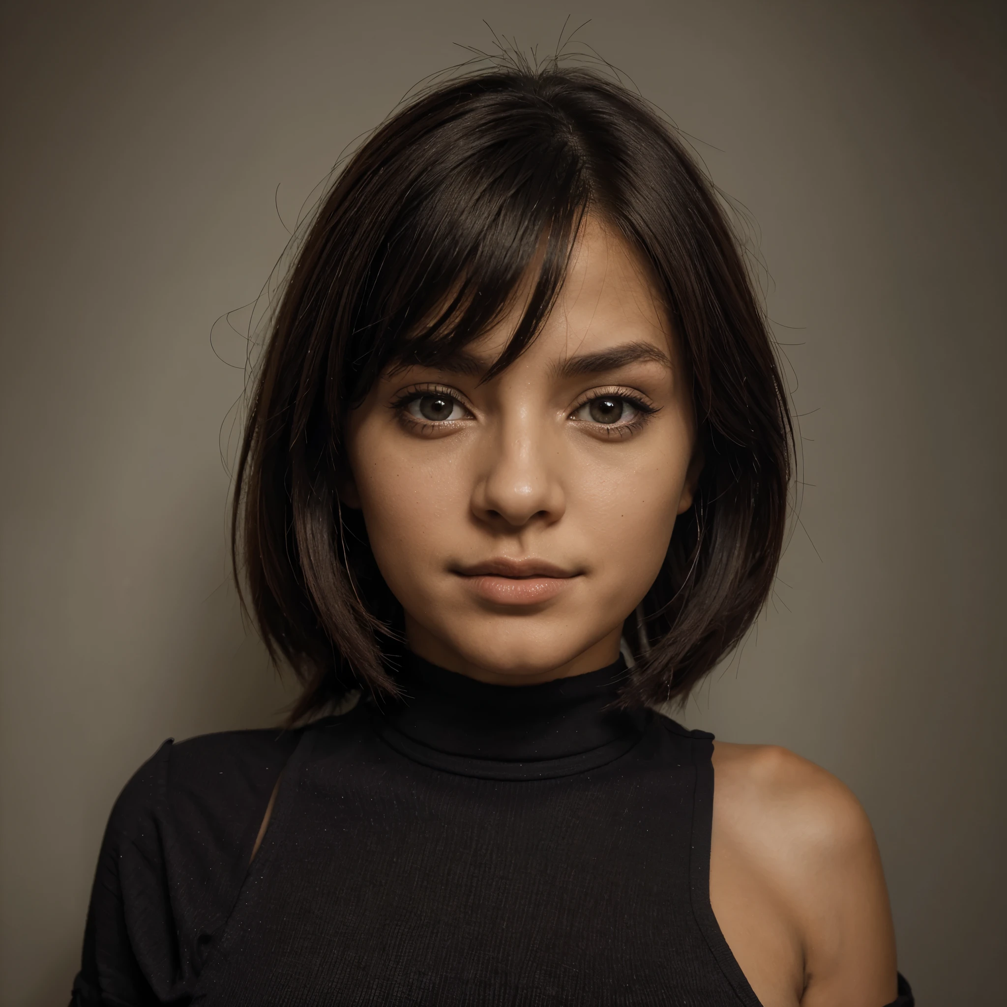 Garota, 20 anos, stand up high, olhos castanhos, cabelo preto, calcinha preta, biquine preto, peito, buceta amostrando