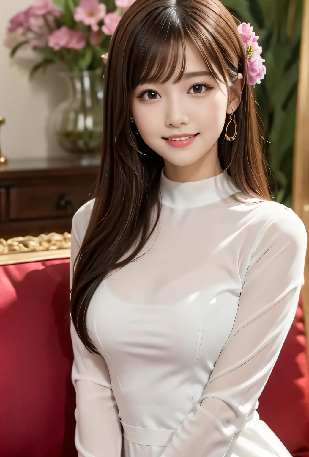 masterpiece, best quality:1.1), (8k, raw photo, photo realistic:1.2, f22), (shiny skin), detailed skin,long hair,detailed face, detailed eyes, smile,BREAK, real world, intricate details, smil, BREAK, 1girl, (White long sleeve dress), BREAK, (sofa, background with flowers:1.4), BREAK