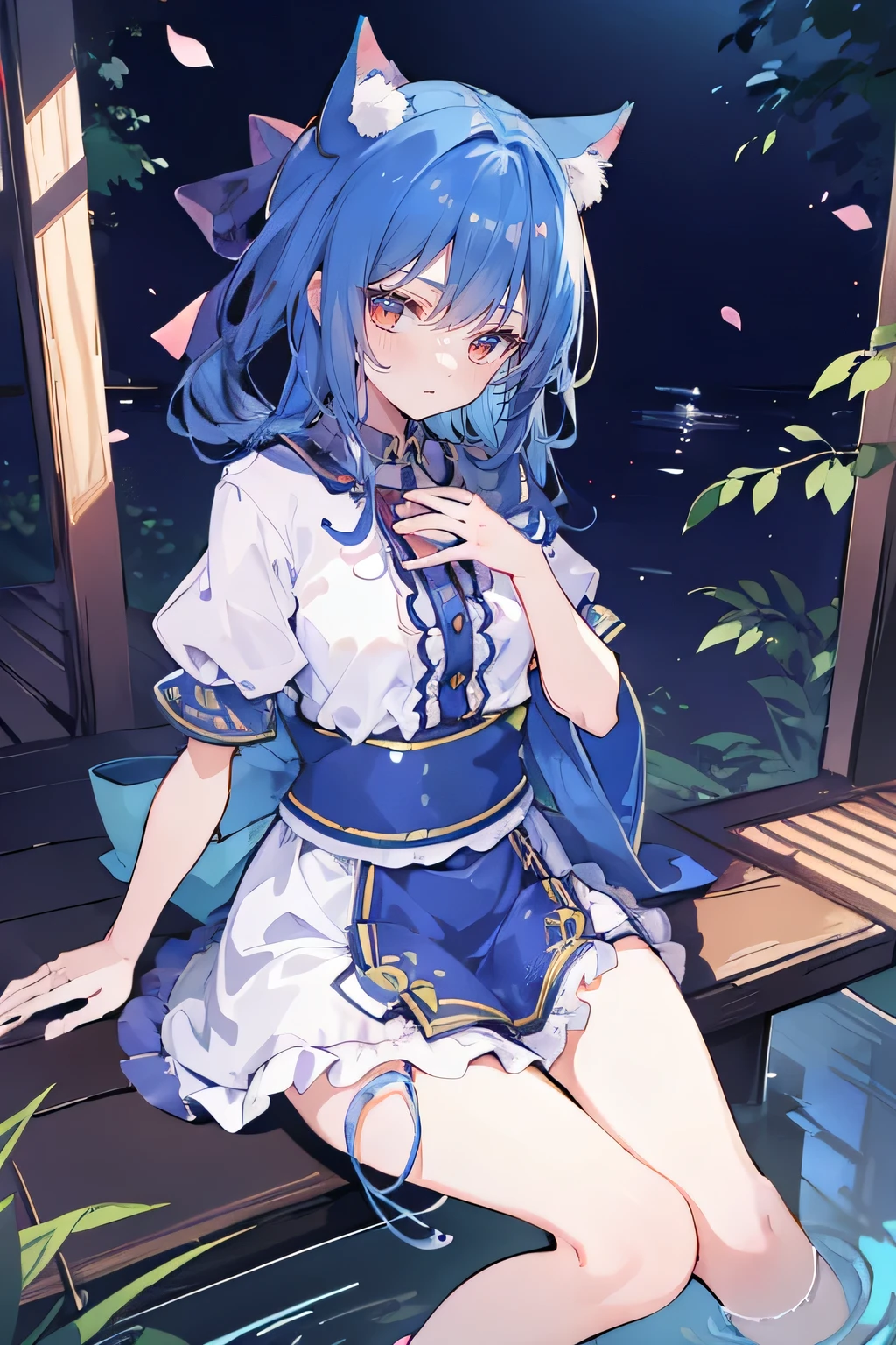 (masterpiece:1.2),ultra-detailed,realistic,expressive eyes,fair-skinned,perfectly shaped face,1girl,
Japanese cartoons,Gorgeous blue hair, flowing blue hair,floating clothes,cat ears,petals falling,beautiful Lola,Hina Angel,
hands on waist,gracefully sitting on the ground,legs crossed,gentle and serene background,cool and comfortable pavilion,night ,