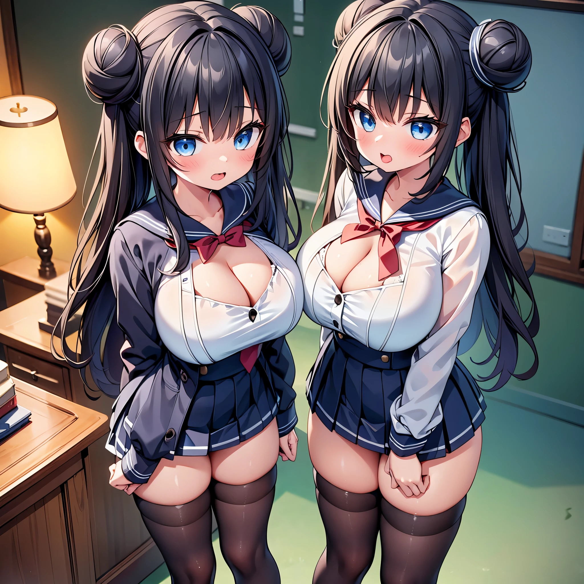 highest quality,wonderful,finely,extremely detailed CG Unity 8K wallpaper, (2 Girls,Black Hair, Blue Eyes,double bun), (huge breast), (sailor uniform:1.1), (cleavage cutout:1.1), (open mouth:1.2), (long tongue:1.2), (mouth drool:1.2), (black stockings:1.1),(Thighs),(Waistline),(standing:1.2),(written boundary depth)