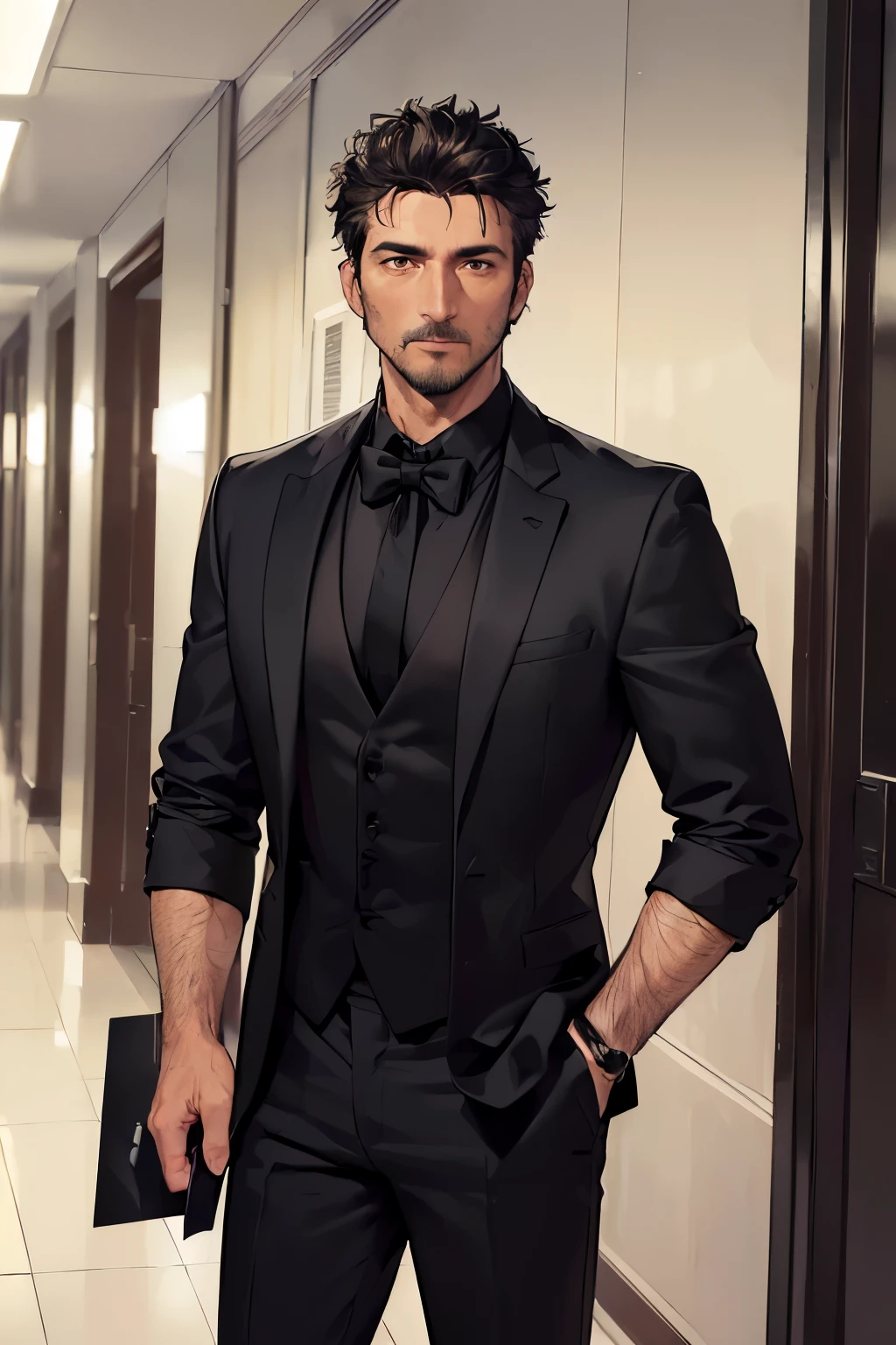 ((best quality)), ((masterpiece)), (detailed), ((perfect face)), (((handsome 40 year old man in centre))), (((stubble))), (((black suit, black shirt, black tie))), (((blank expression))), (((standing in school corridor))), (((holding red card)))