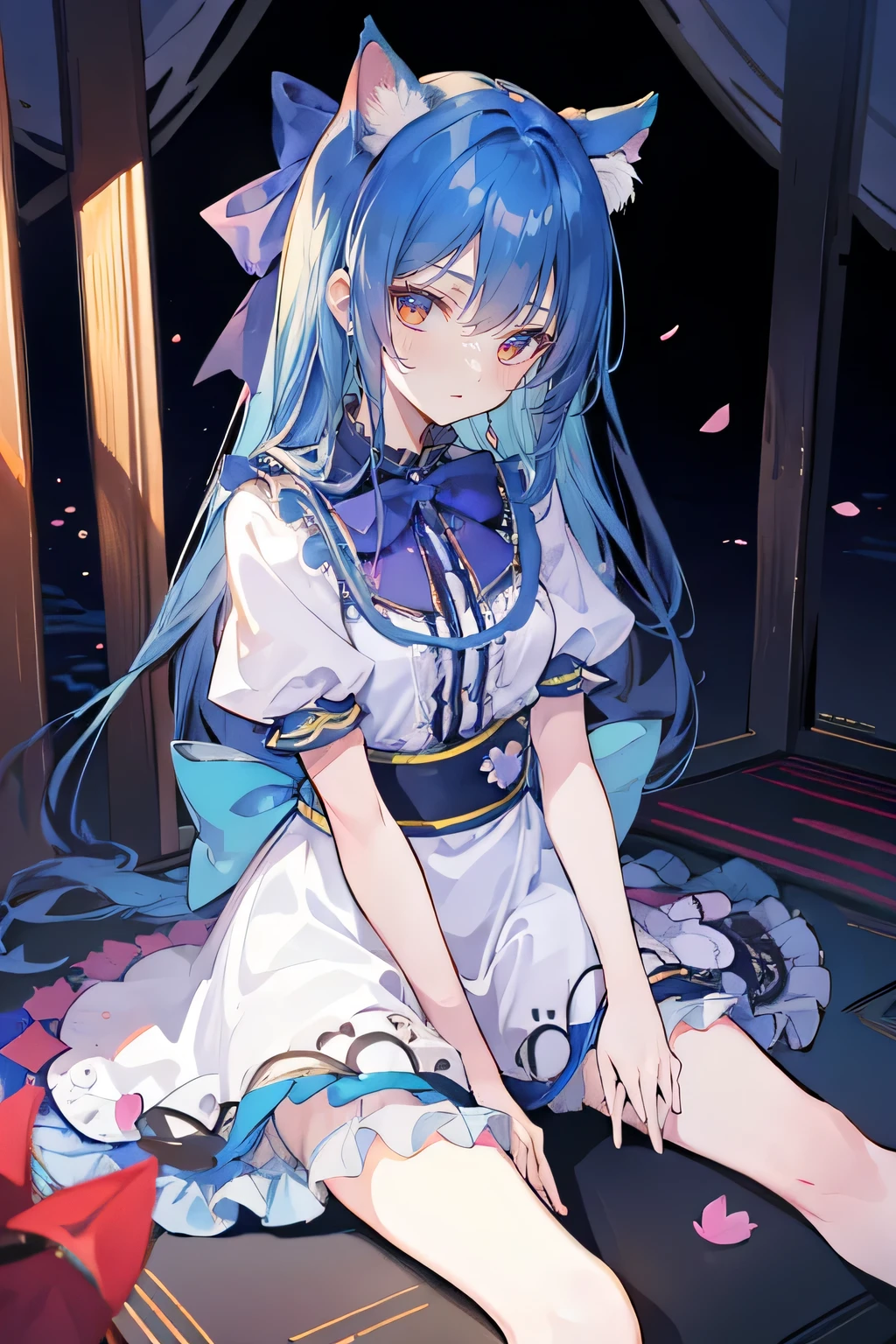 (masterpiece:1.2),ultra-detailed,realistic,expressive eyes,fair-skinned,perfectly shaped face,1girl,
Japanese cartoons,Gorgeous blue hair, flowing blue hair,floating clothes,cat ears,petals falling,beautiful Lola,Hina Angel,
hands on waist,gracefully sitting on the ground,legs crossed,gentle and serene background,cool and comfortable pavilion,night ,