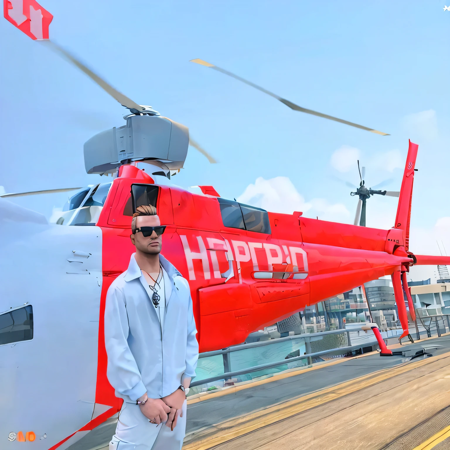there is a man standing next to a helicopter on a dock, helipad, hopeful, helicopter, inspired by Charles Hopkinson, style of gta v, highly_detailed!!, in gta vice city, high quality screenshot, in gta v, in game, highly detailed!, highly fashionable, a hyper realistic, as a character from gtav, jody highroller, hyperdetailed!