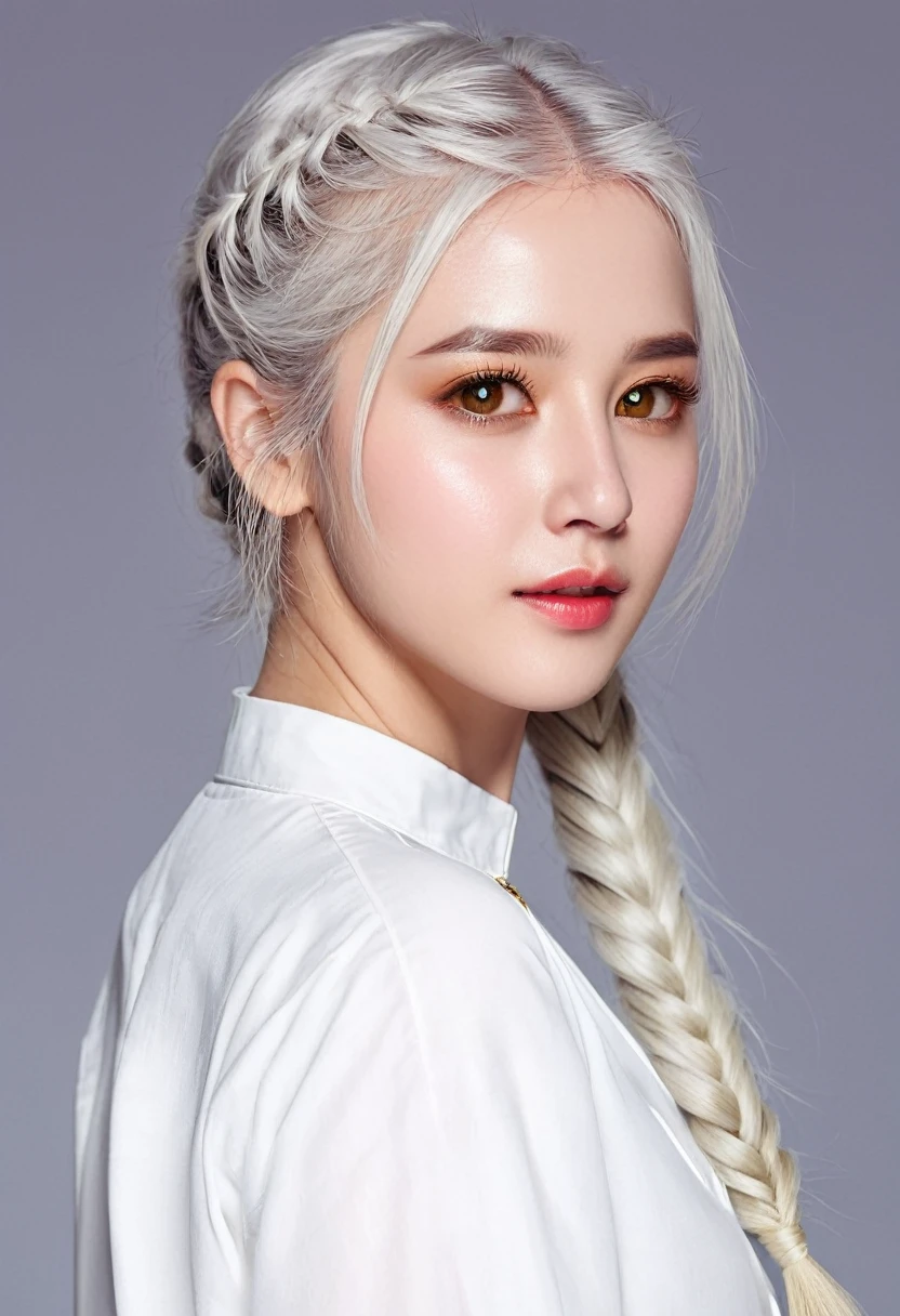 best quality, masterpiece,white hair, Golden Eyes,White clothes, look up, Upper Body,Hair,White skin,Side Braid
