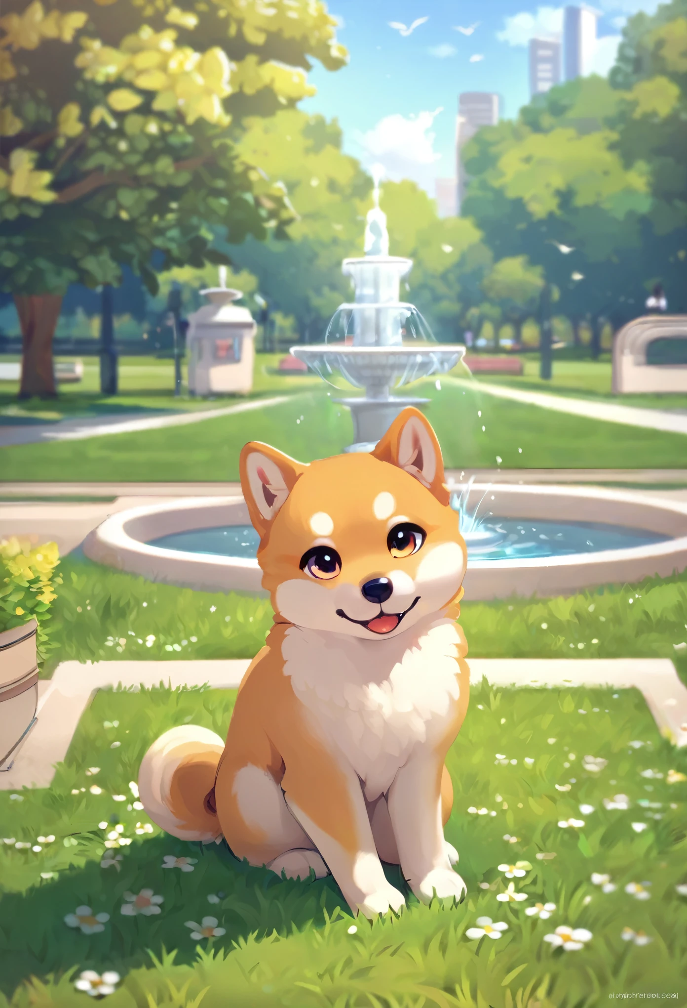masterpiece, A cute small Shiba Inu sitting, park, lawn, fountain