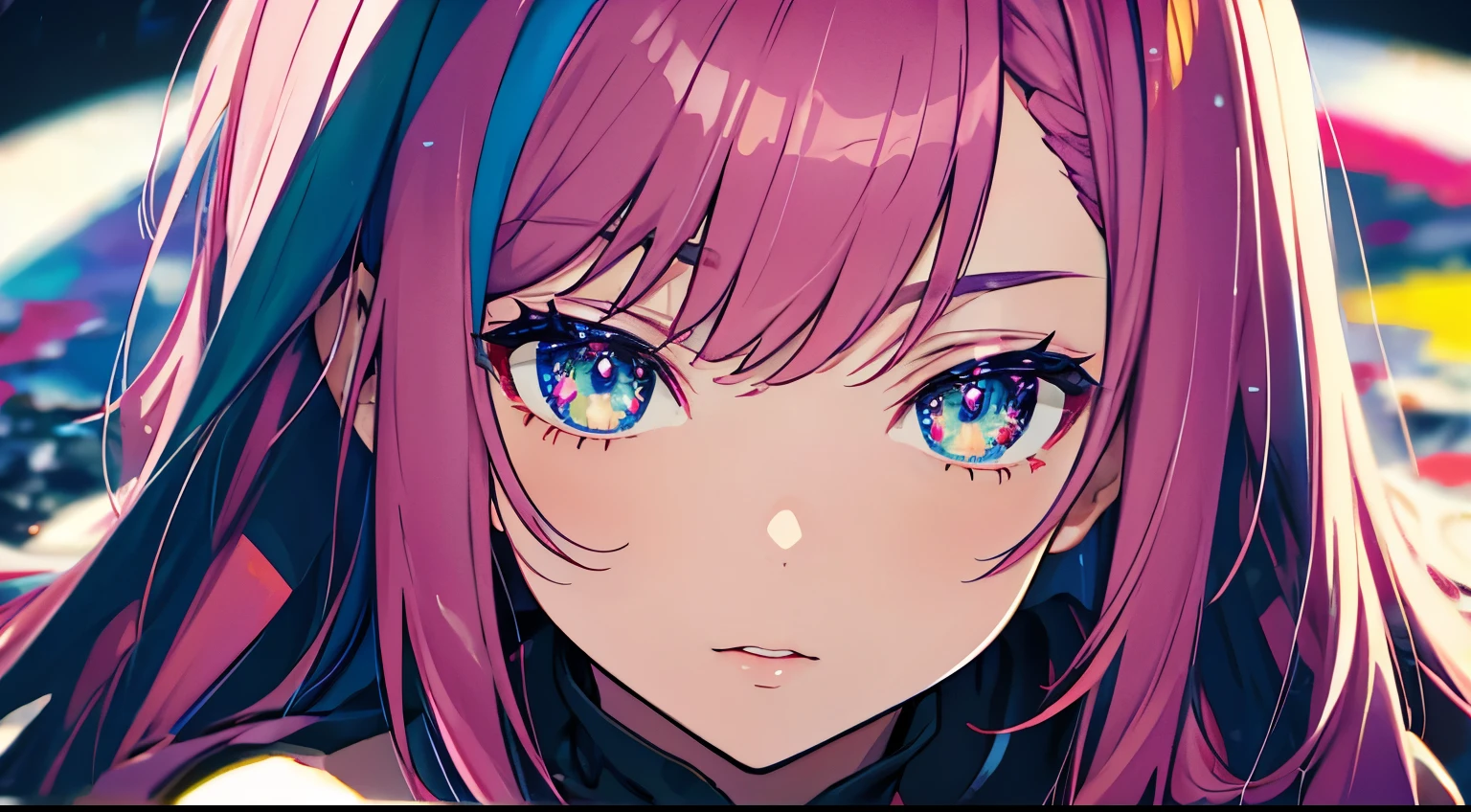 Close-up shot, Eye close-up, ((masterpiece)), ((Ultra-detailed)), Pixiv, Best Shadow, Best lighting, highest quality, Cinematic shots, One girl, solo, Bans, Thematic Depth, paint, Portraiture, Hair length, Blunt bangs, Lips parted, Paint splashes, ((Two-tone hair)), Looking at the camera, Pink Hair, ((Colorful eyes)), chromatic aberration