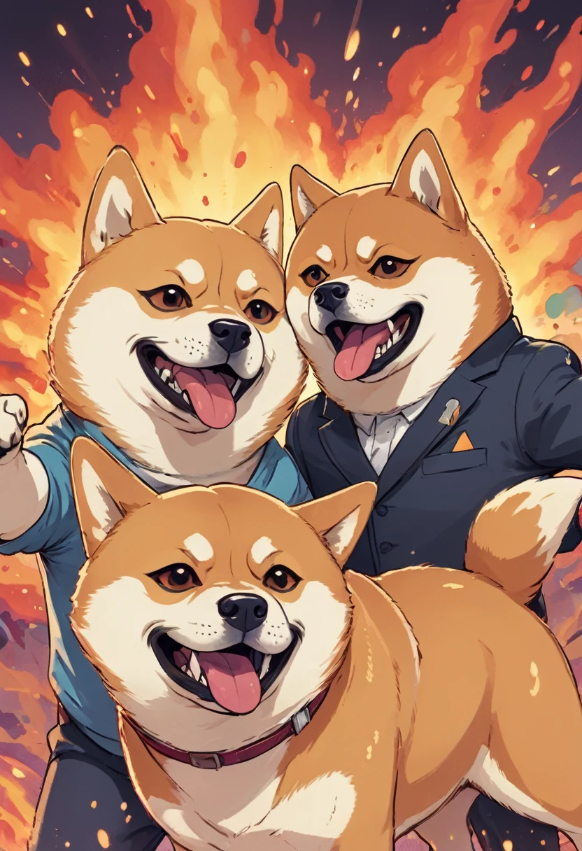 wordless redraw splash page cel shaded cinematic overjoyed unhinged overwhelming vile stanky boogie dance, duo sunglasses wearing shiba inu doggos, dancing on top of inferno meme, visually hilarious, cohesive, intense meme that conveys overwhelming joy, cel shaded overjoyed vile stanky boogie dancing, overwhelming cohesive intense hilarity surreal silly meme, duo of shiba inu doggos, super serious stare down, trying to make funny face to make the other laugh, both doggos have unknown unhinged postmeme beyond comprehension silly face expression, excessive surreal abstract overwhelming intense humor style,, single image, unified 90's comic coloring, rich hues with shading depth
