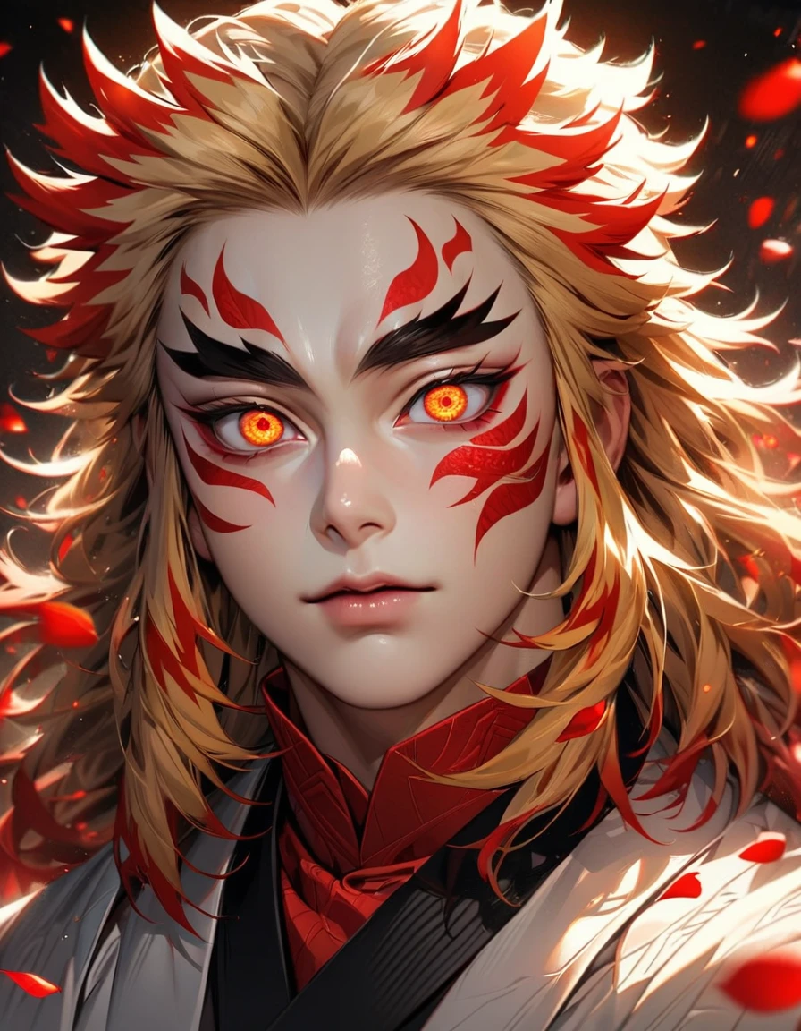 absurdres, highres, ultra detailed, HDR, master piece, best quality, extremely detailed face and eyes, perfect face, realistic face, beautiful eyes, Rengoku Kyojuro, blond hair, expressive orange eyes, Kimetsu No Yaiba, solo, man, handsome, red ice butterflies, red ice, red ice roses, red ice petals