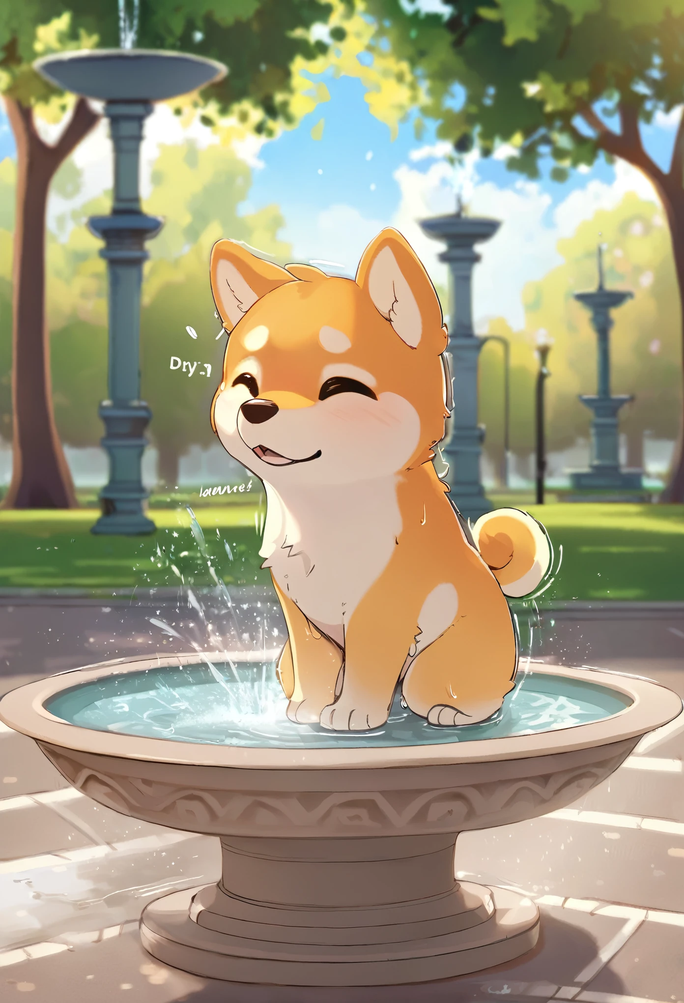 masterpiece, A cute small Shiba Inu shaking its body dry, Park, lawn, fountain