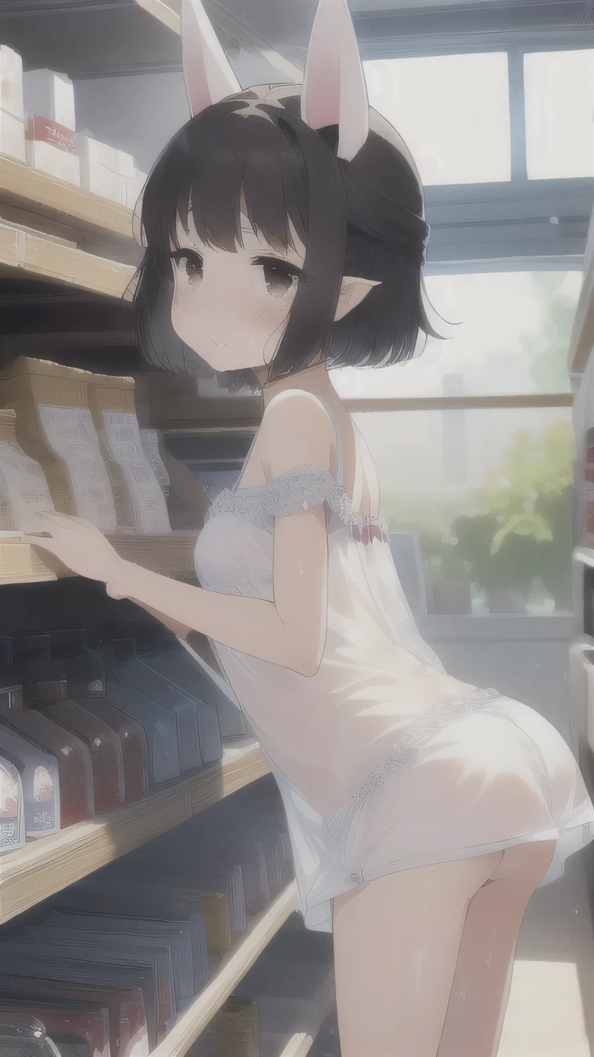 High resolution,masterpiece,highest quality,Amazing visuals,High resolution,masterpiece,highest quality,8-year-old,,Beautiful fingers,Beautiful long legs,Beautiful body,Cute character design、younger sister、Hasaha、Animal ears、Black Hair、Brown eyes、Pointy Ears、short hair、Fox Ears、Animal ears、Black Hair、Brown eyes、Pointy Ears、short hair、Fox Ears、,A smile that melts,Sweaty、Tears run down my cheeks、(Lined up on the shelves of a souvenir shop inside the station、Shame、Red face、Get customers to see it)、
,(Sexy off-the-shoulder see-through negligee、A negligee that is wet with sweat and sticks to the skin、Cute Breasts、Thin chest、Chest is transparent、Cute belly、Squid Belly、Cute belly button、No underwear)、(Sweating profusely:1.4)、The viewer watches from the back of the store.、The girl serves the customers.、Captivating thighs、A customer grabs the girl's arm
,indoor,Her Room, Amazing visuals, ,Clothes that can be seen through the light、Cute female silhouette、Whole body visible、