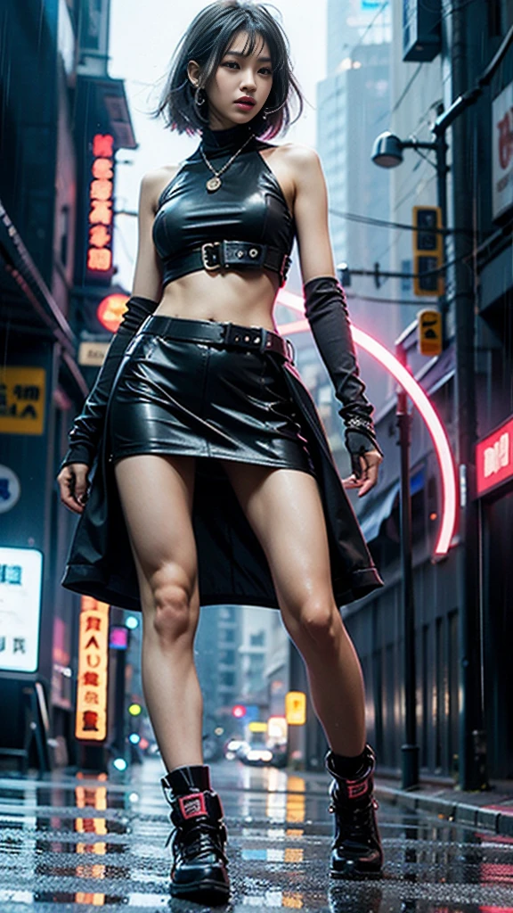 (Realistic:1.3, 16k, highest quality, masterpiece, Ultra-high resolution), ((rain, From below)), Perfect dynamic composition:1.2, (Modern futuristic city at night, Expressions of sadness:0.5, motorcycleを運転する:0.5), Highly detailed skin and facial textures:1.2, Young Japanese Woman, Incredibly slim body, Fair skin, Sexy beauty, Very beautiful face, beautifully、aesthetic, (Pink tight skirt, Wear cyberpunk clothes), (Shapely breasts, Chest gap), (Big eyes that exude beautiful eroticism, Lips that exude beautiful eroticism), necklace, Earrings, bracelet, wedding ring, Shoulder bag, clock, sunglasses, motorcycle, Cowboy Shot