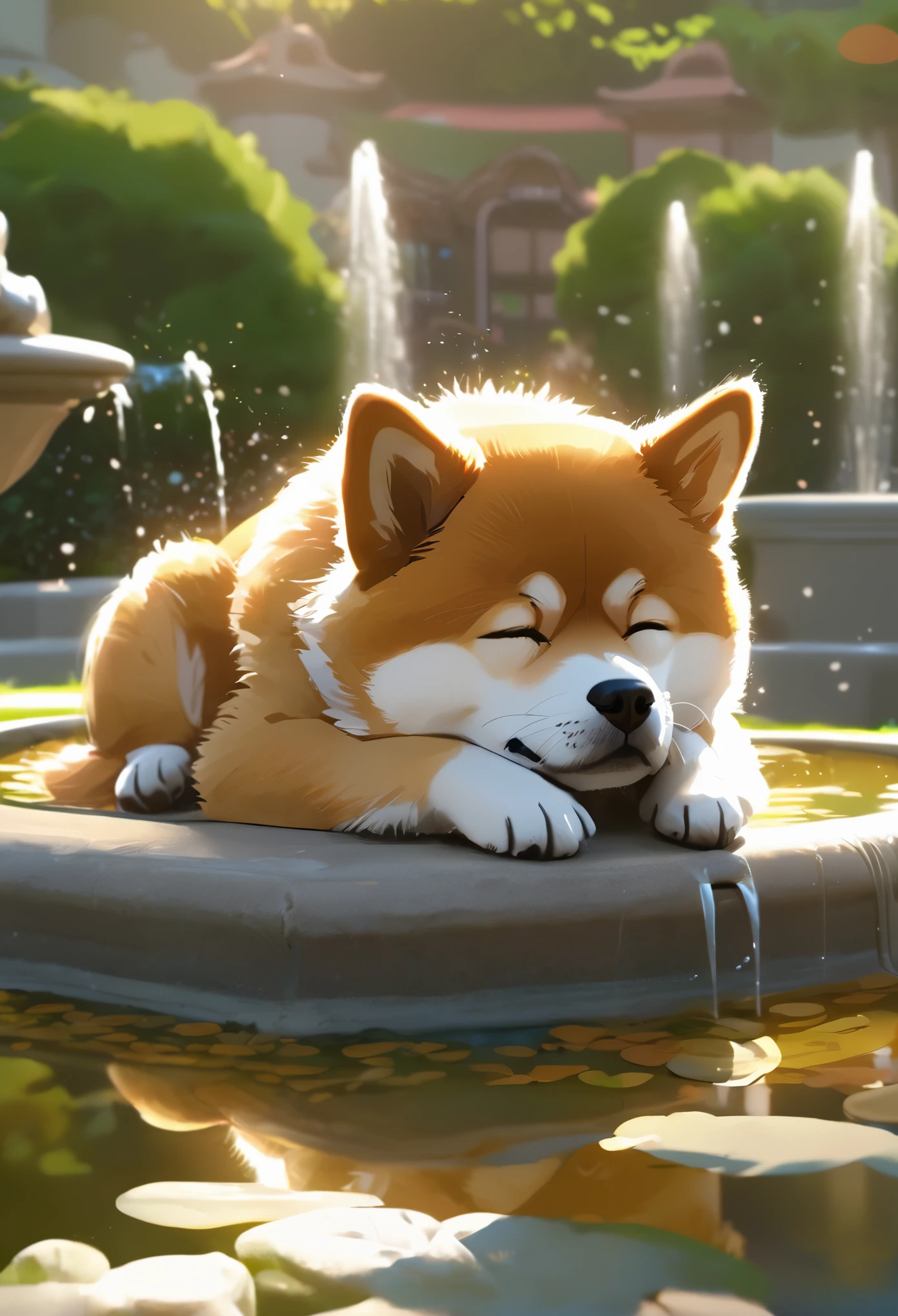 masterpiece, A cute small Shiba Inu sleeping, park, lawn, fountain