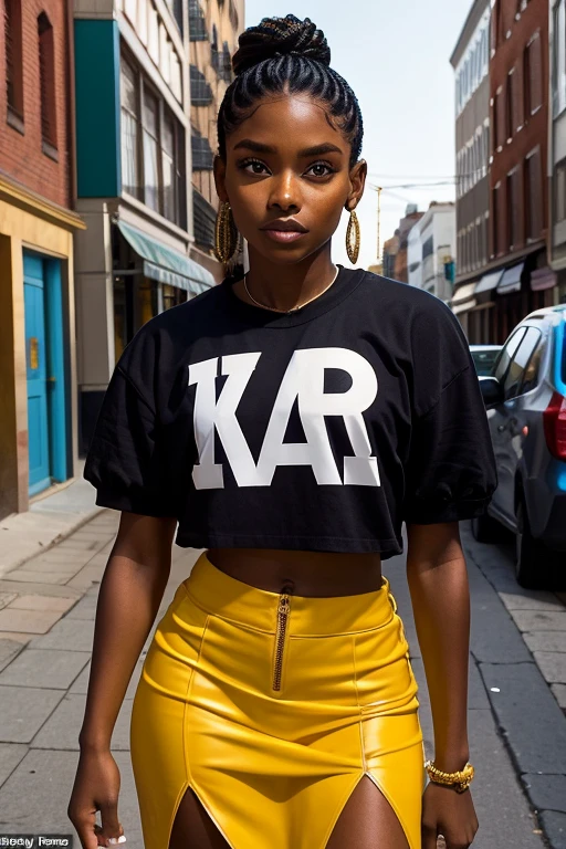 (aesthetic,high fashion) A woman with melanin walking confidently in an American ghetto, adorned in trendy streetwear. Her beauty radiates through her dark complexion, highlighting her stunning features. Her hair is styled in a fashionable way, framing her face perfectly. She carries herself with grace, displaying an air of resilience and strength in her demeanor. The urban landscape around her serves as a backdrop, with vibrant graffiti walls and rundown buildings contributing to the raw authenticity of the scene. Despite the gritty surroundings, there is an undeniable sense of empowerment and determination emanating from her. The contrast between her stylish attire and the dilapidated environment creates a visually captivating narrative. The lighting is set in such a way that it accentuates her natural beauty, casting soft shadows to create depth. The color palette is rich and vibrant, with pops of bold colors reflecting the diversity and vibrancy of the community. The overall image is ultra-detailed and realistic, capturing the essence of contemporary street culture with a touch of high fashion.