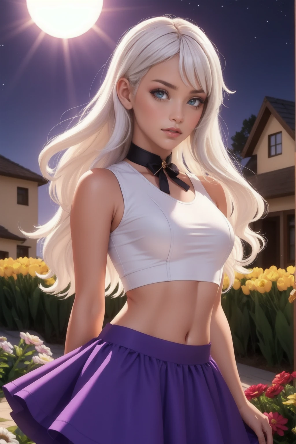 realistic, 1 girl, White hair, Purple eyes, Brilliant eyes, crop top, skirt, parted lips, blush, night, flowers, Sun, Sunlight,